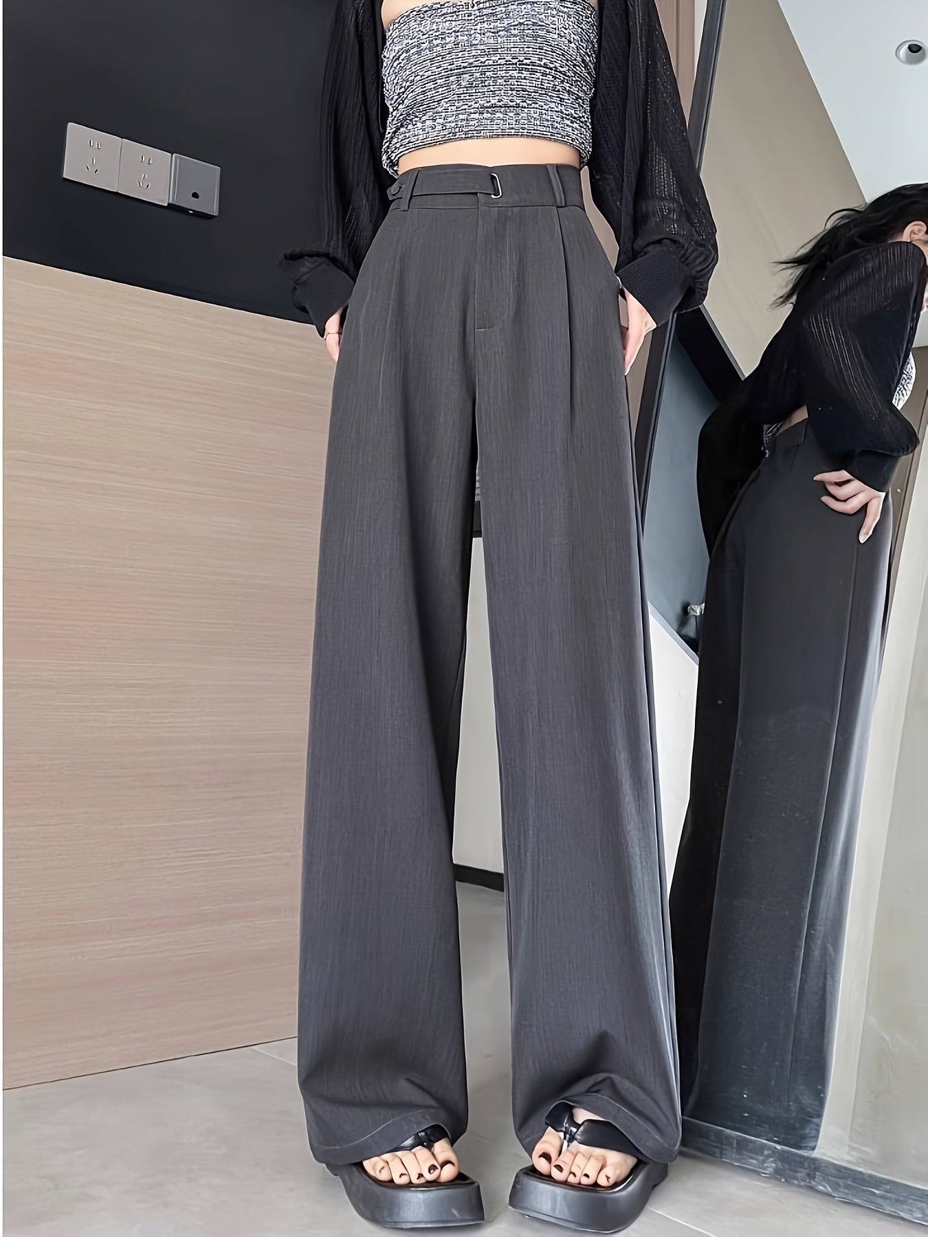 2026 New Summer Black High - End Feel Suit Pants for Women, High - Waist, Draped, Straight - Leg, Slim Fit, Wide - Leg Trousers, Belt - Free, Essential Versatile Workwear for Spring, Summer, and Autumn - veyora