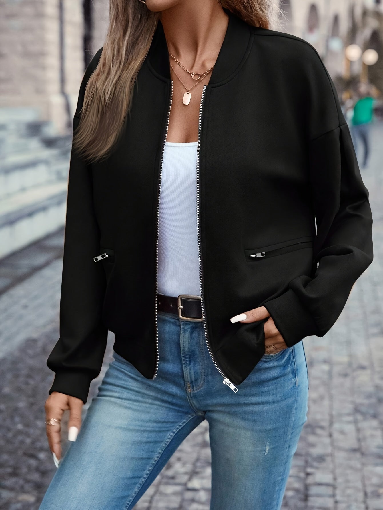 Solid Color Zip Pocket Easy Casual Jacket - veyora