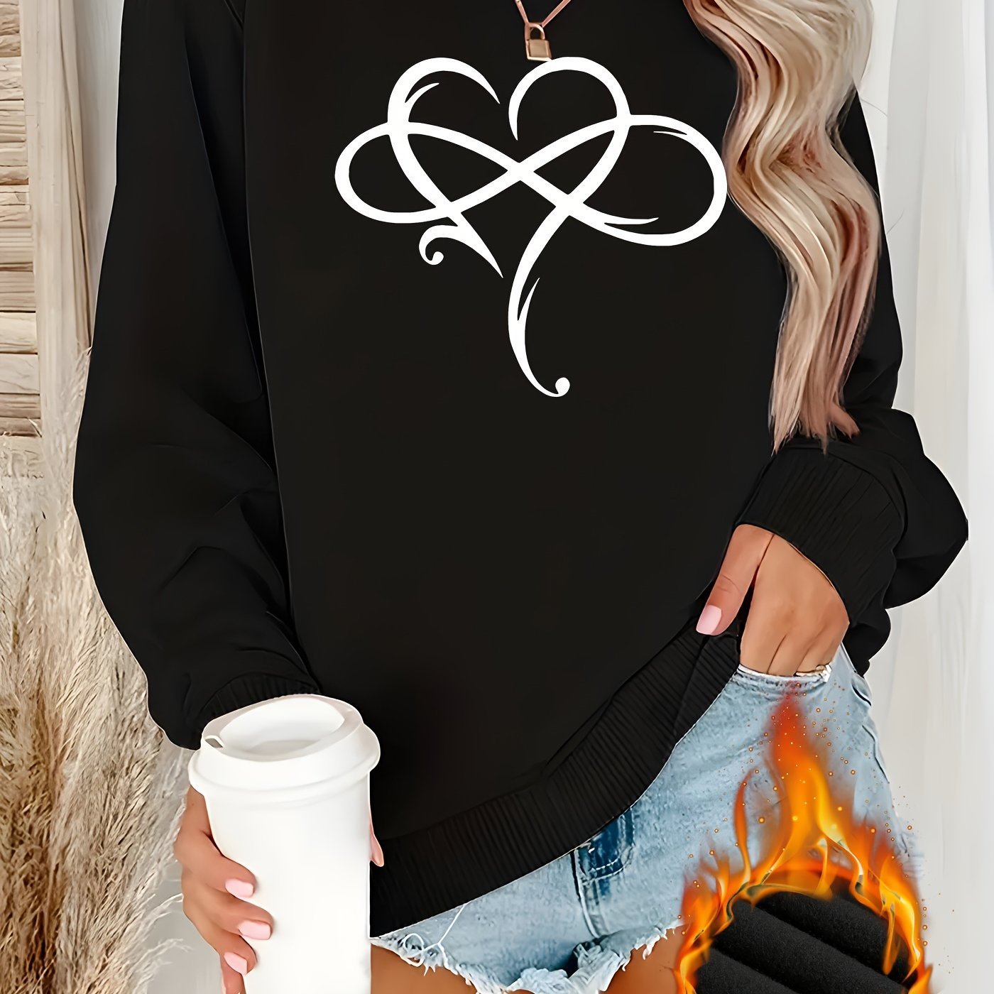 Women'S Long - Sleeve Round - Neck Fleece Sweatshirt with Heart - Shaped Creative Design - veyora