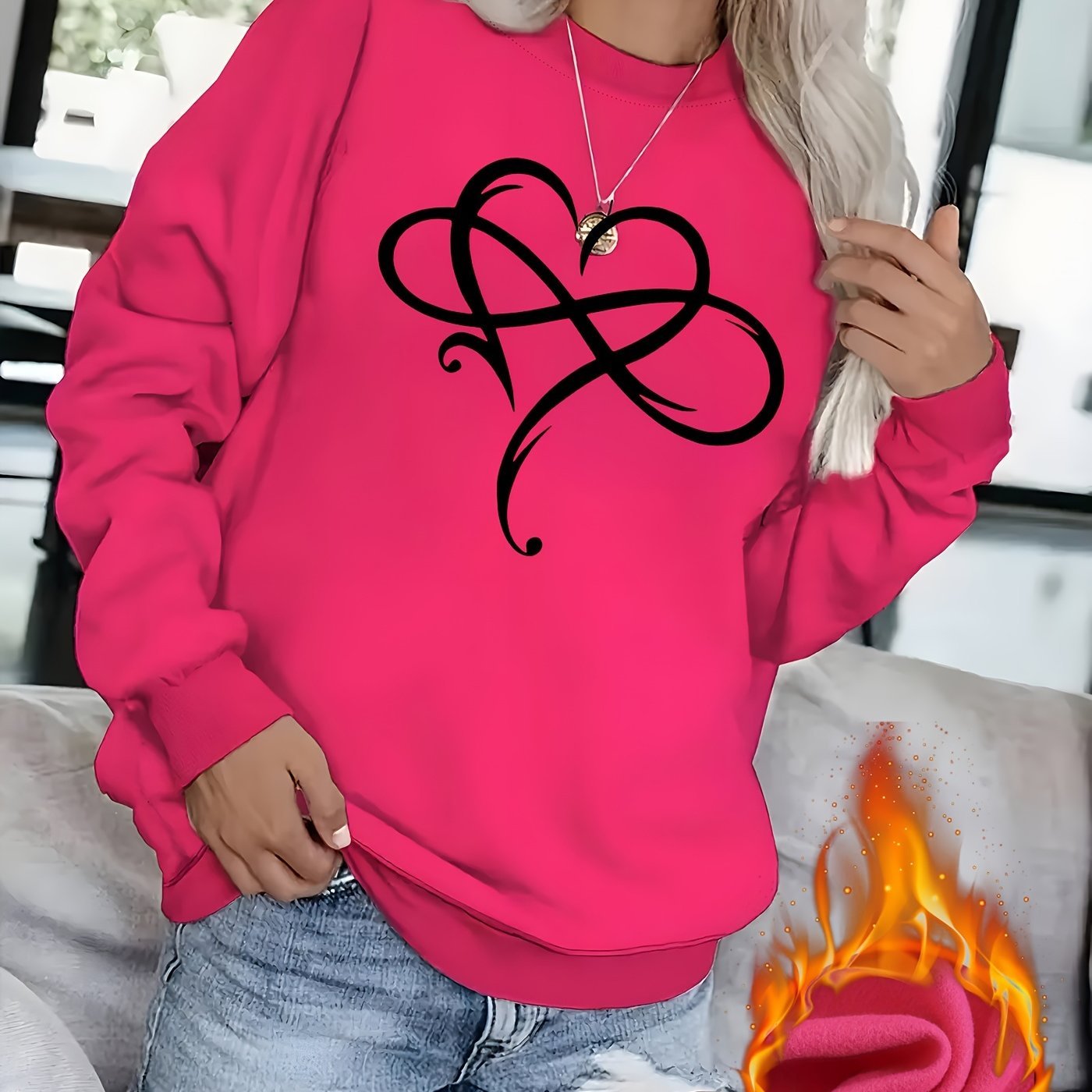 Women'S Long - Sleeve Round - Neck Fleece Sweatshirt with Heart - Shaped Creative Design - veyora