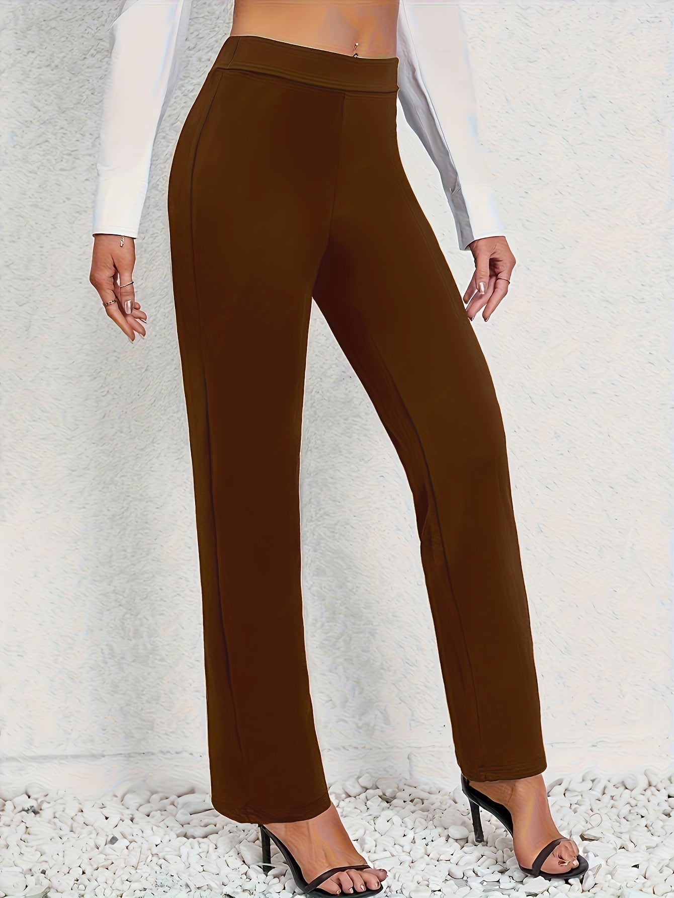 Women's Stretch Straight - Leg Pants - Solid Color Trousers with Medium Elastic Waist & Leg, - Machine Washable Non - Suitable for, Casual, Casual Attire - Straight Leg Trousers for Year - Round - veyora