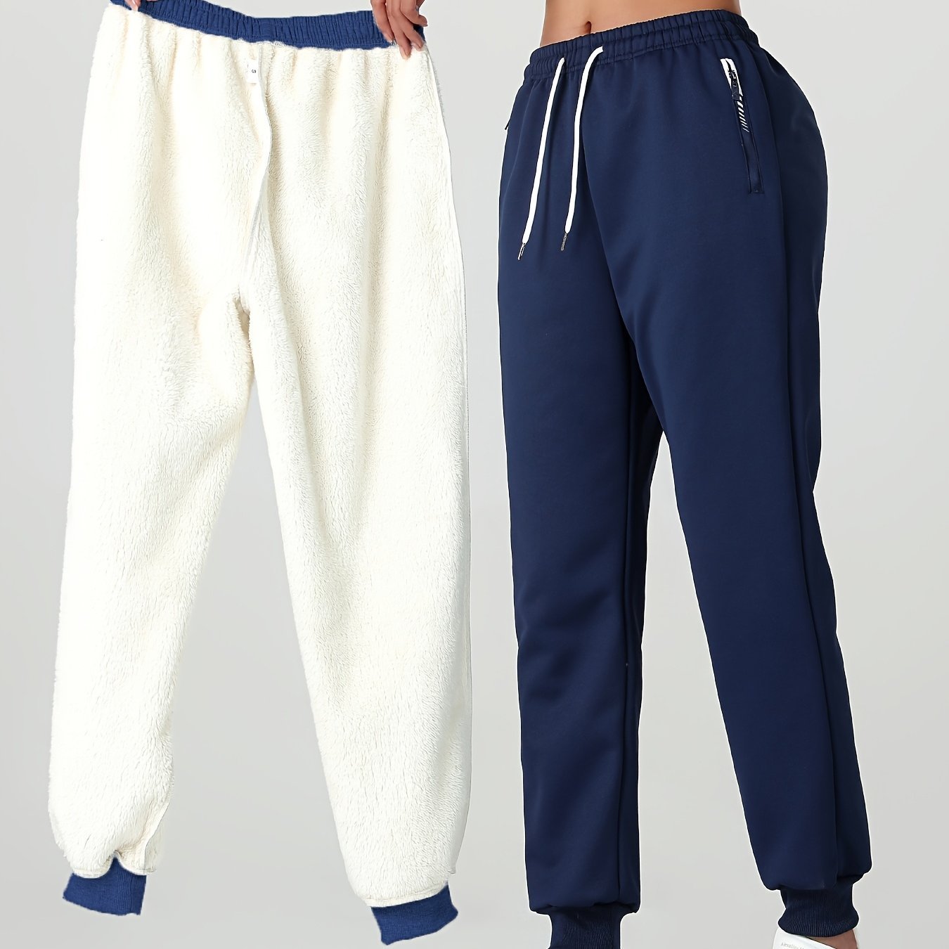 1pc of Autumn/winter Women's Long Pants, - lined Warm Casual Sweatpants for Women, Featuring an Elastic Drawstring Waist, Angled High Quality Zippered Pockets, and Windproof Thermal Cuffed Pants, Suitable for Daily Winter Wear at Home - veyora
