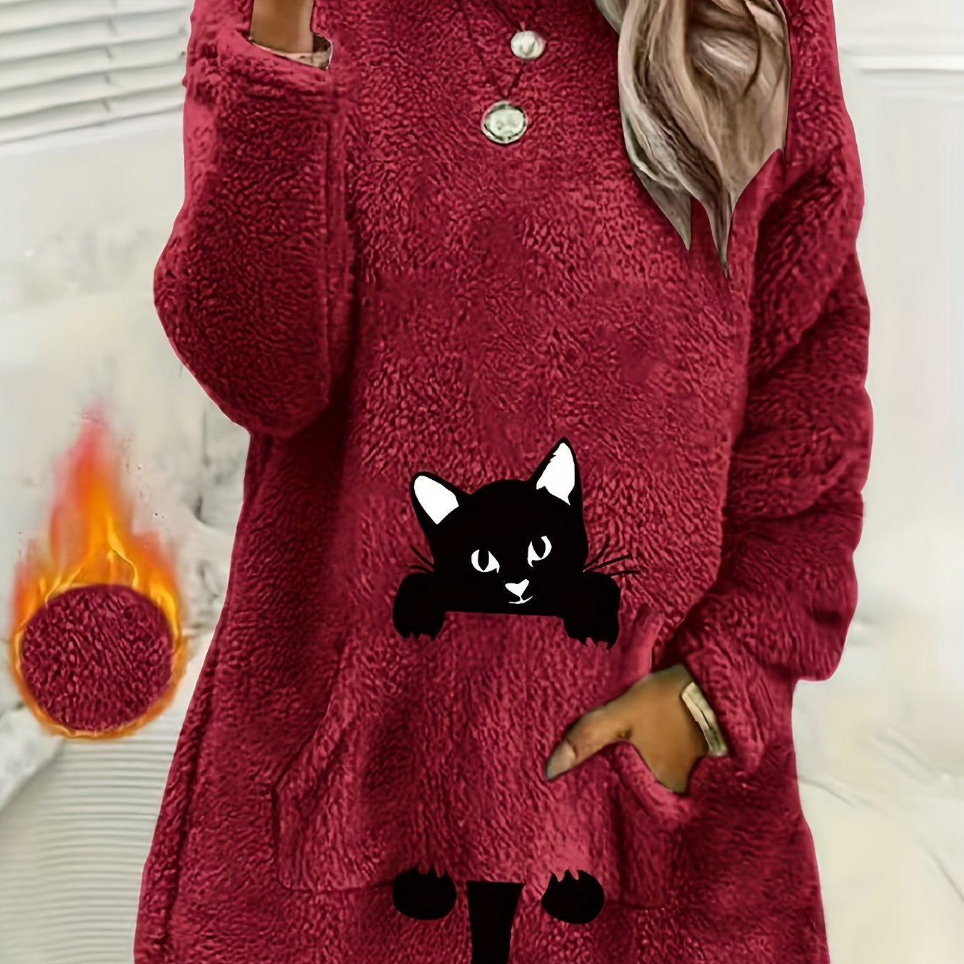 Women's Geometric Print Fleece Pullover Sweatshirt - Soft Long Sleeve Round Neck with Pockets, Machine Washable Casual Winter Wear, Elegant Regular Fit for All Seasons, Cute Sweatshirts, Allseason Apparel, Comfortable Pockets - veyora