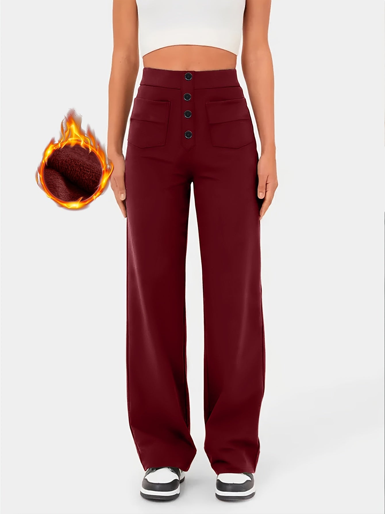 High - Waisted Solid Color Buttoned Straight - Leg Pants for Women'S And Leisure with Multiple Pockets - veyora