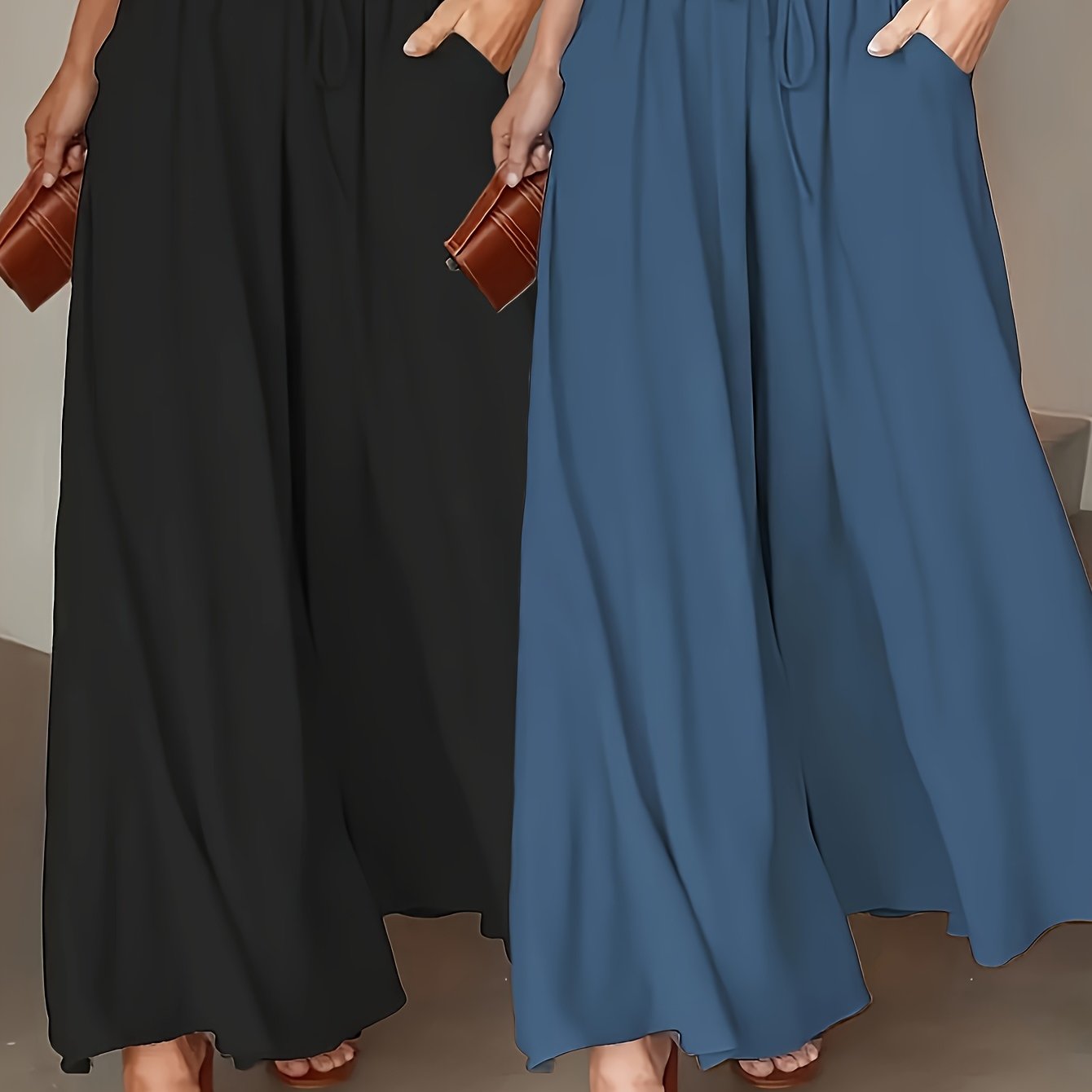 Two - pack Women's casual high - waisted comfortable breathable pocket drawstring loose wide - leg pants - veyora