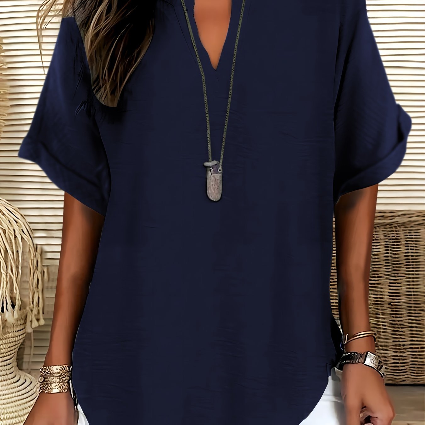 Women's V - neck Drop Shoulder Sleeves Solid Color Loose Short Sleeve Shirt Top - veyora