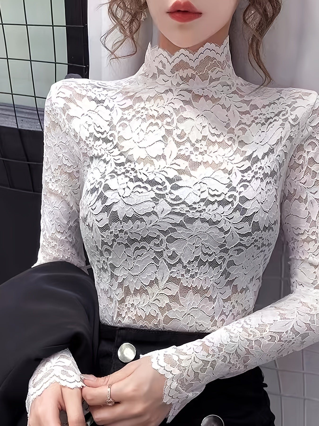 Lace Mock Neck Slim Top, Sexy Long Sleeve Top For Spring & Fall, Women's Clothing - veyora