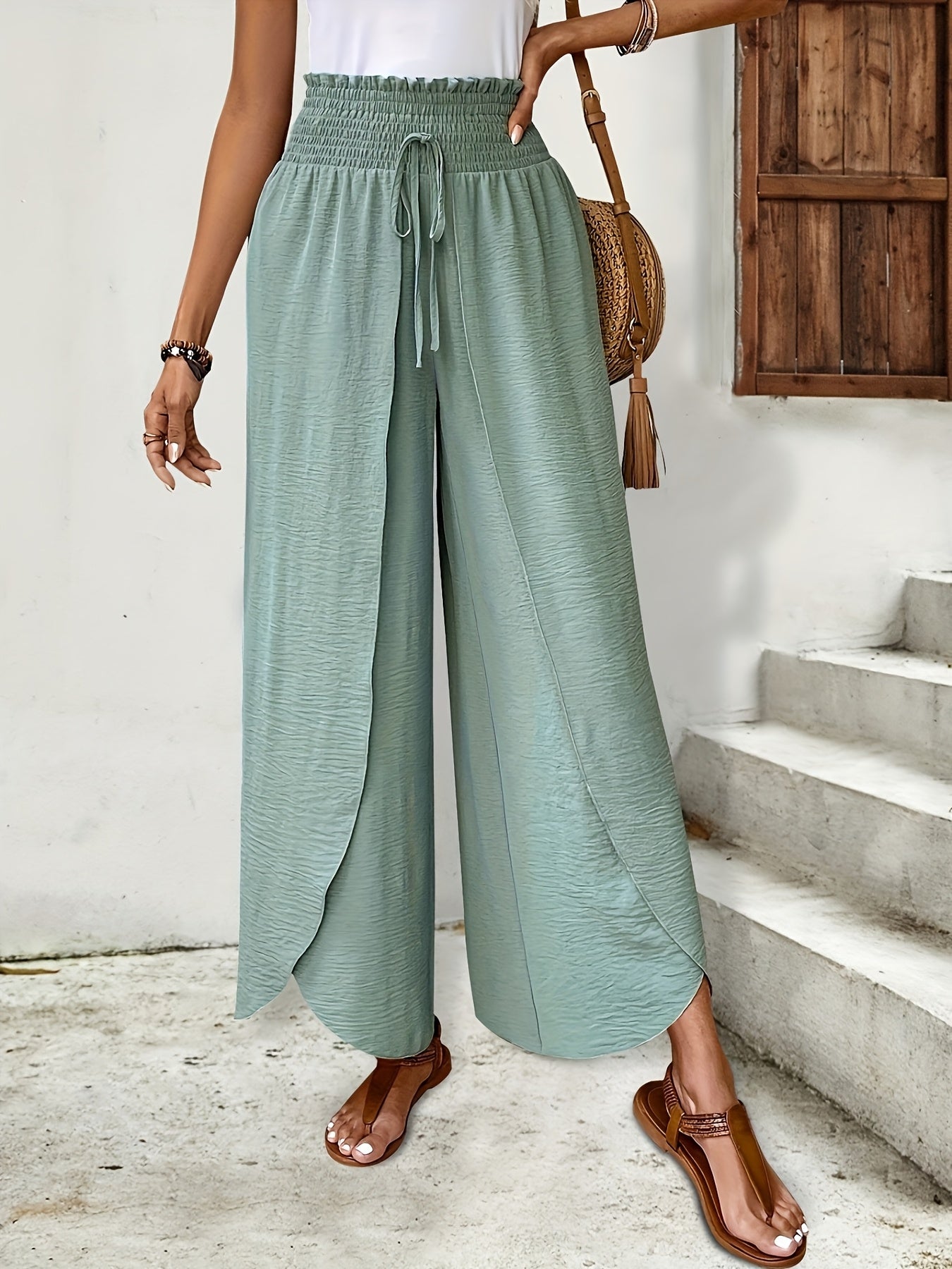 Elegant and Graceful Wide - leg Casual Pants with Overlapping Curved Hem Design - veyora
