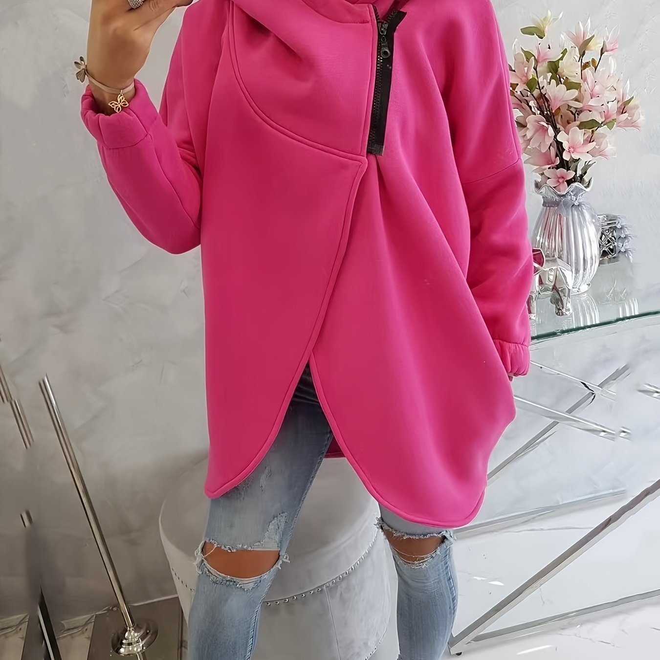 Women'S Cozy Pink Hooded Sweatshirt - Long Sleeve Pullover with Drawstring Hood, Soft Casual Winter Sweater for Fall & Winter, Everyday & Formal Outfits - Women'S, Winter Clothing, Fall Fashion, Comfortable Fit, Stylish Hoodie, Fashion Lovers - veyora