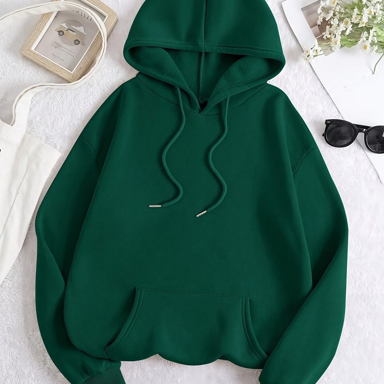 European and American Solid Color Hooded Sweatshirt for Women, Autumn and Winter - Lined Thick Kangaroo Pocket Casual Sports Top - veyora