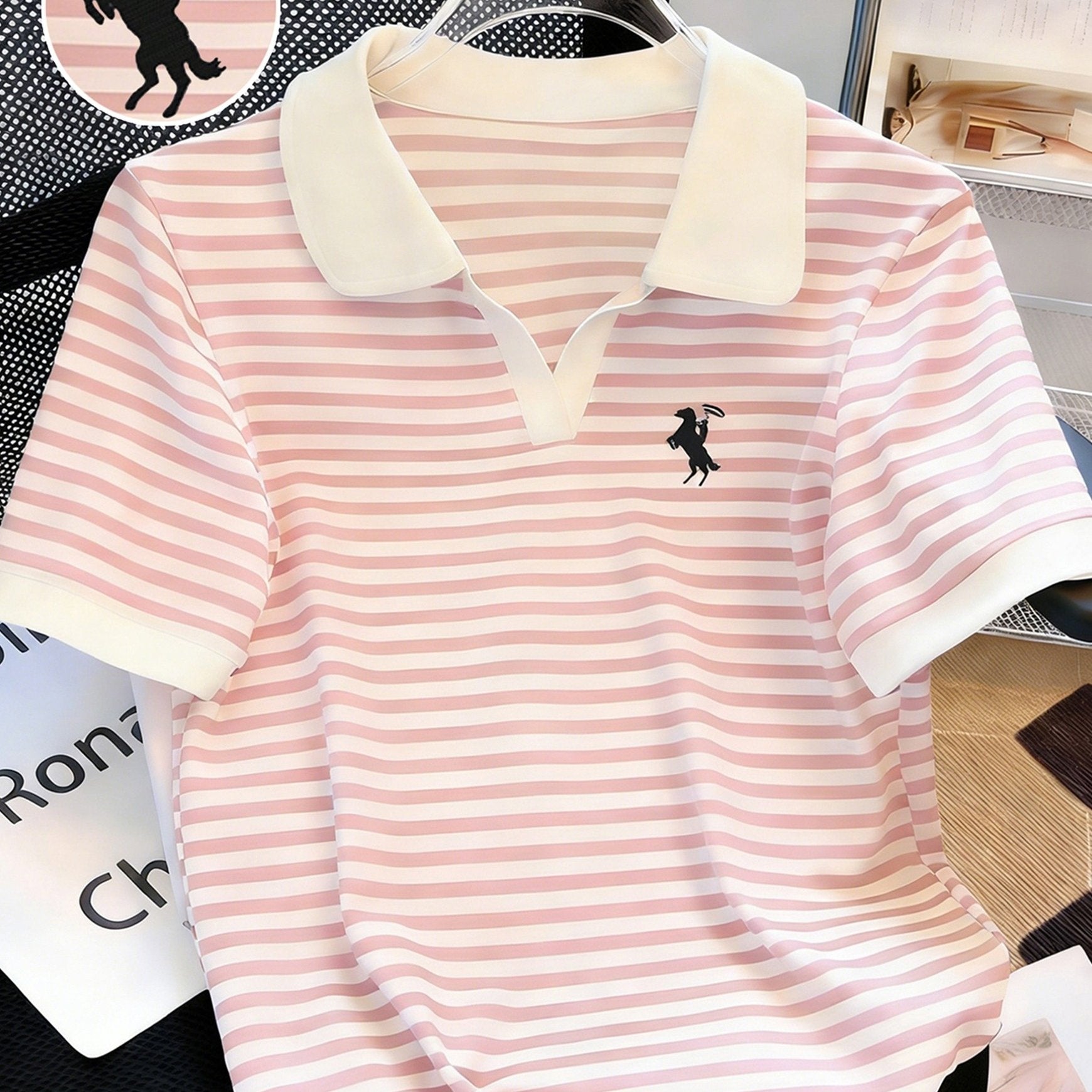 Knight Stripe Embroidered Women's Neck Short Sleeve T-Shirt, Stylish Stripe Contrast Color Versatile Casual Summer Top, Machine Washable All - Season Comfort Fit - veyora