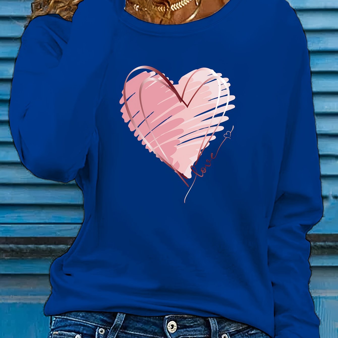 Heart & Love Print Crew Neck T-shirt, Casual Long Sleeve Top For Spring & Fall, Women's Clothing - veyora