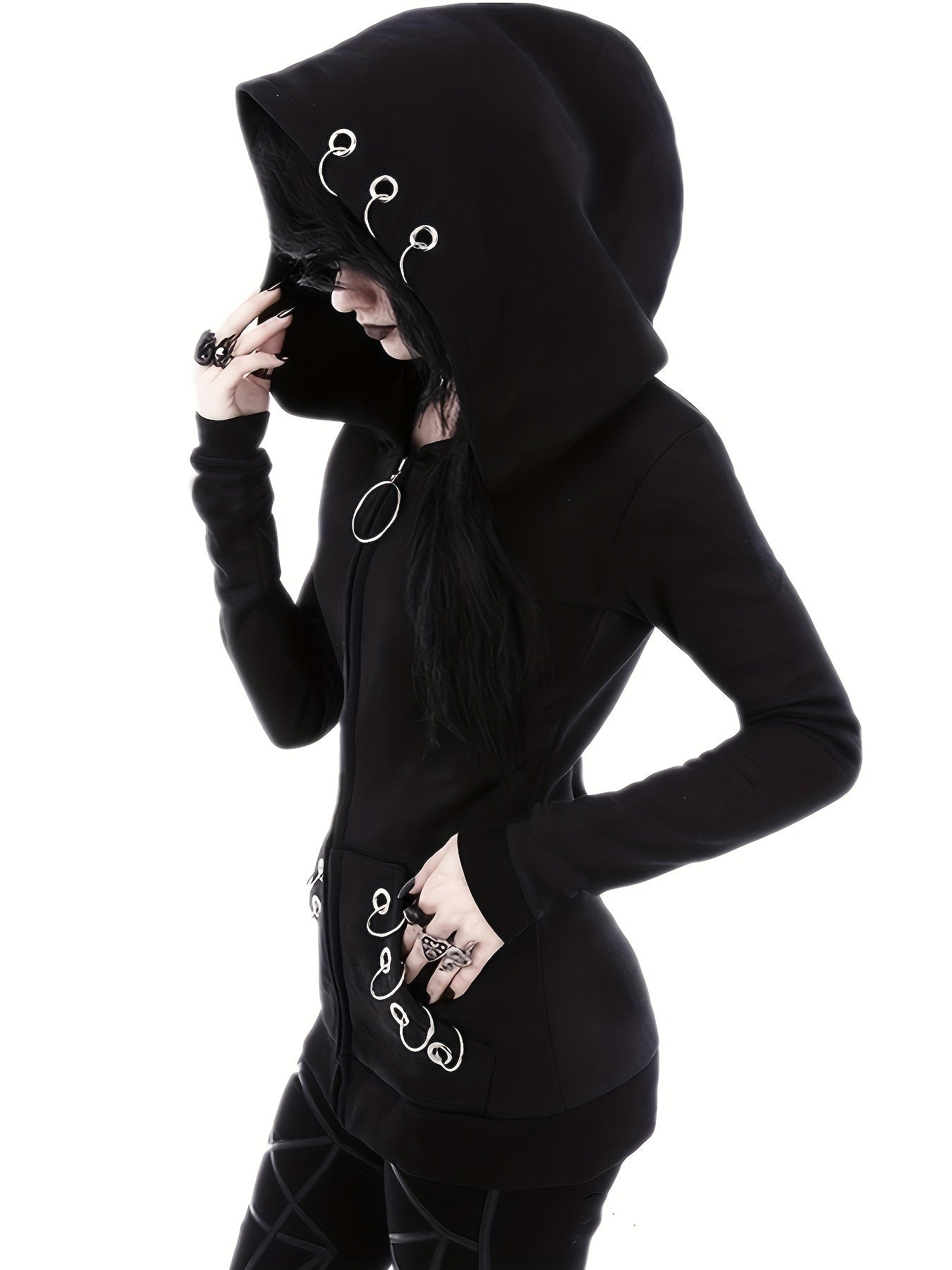 Solid Color Hooded Sweater with Ring Accent - Casual Round Neck Pullover, Medium Elasticity All - Season Sweaters for Layering, Machine Washable Sweaters for or Weekend Outfits (Compatible with Dresses) - veyora