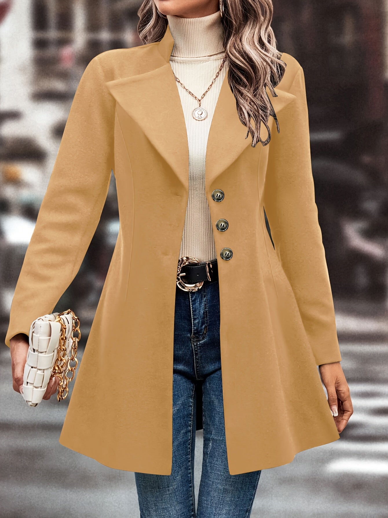 Solid Single Button Lapel Overcoat, Versatile Long Sleeve Winter Outwear, Women's Clothing