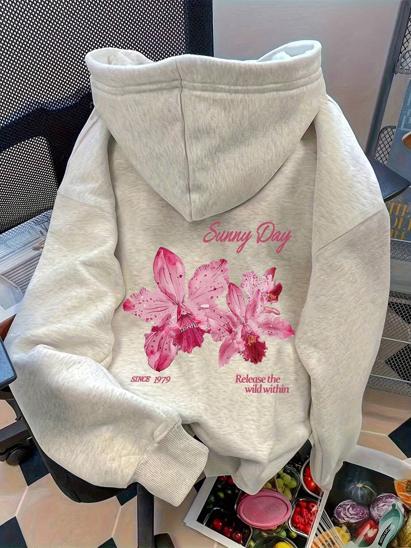Women's Hoodie with Letter and Floral Pattern Back Print Kangaroo Pocket. New Autumn/Winter Versatile Top - veyora