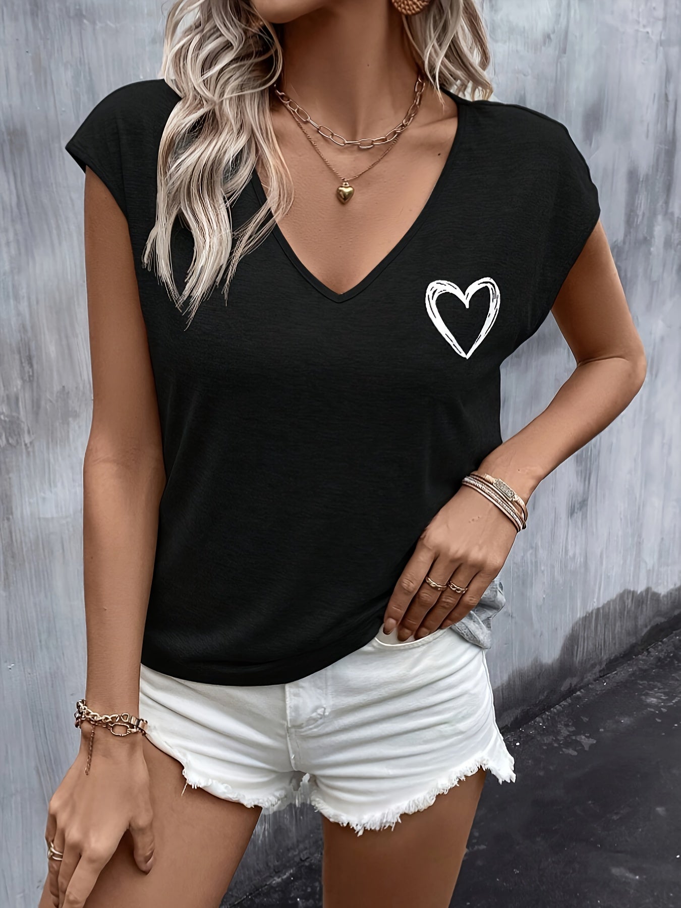Summer Heart Print Batwing Sleeve T-Shirt - veyora