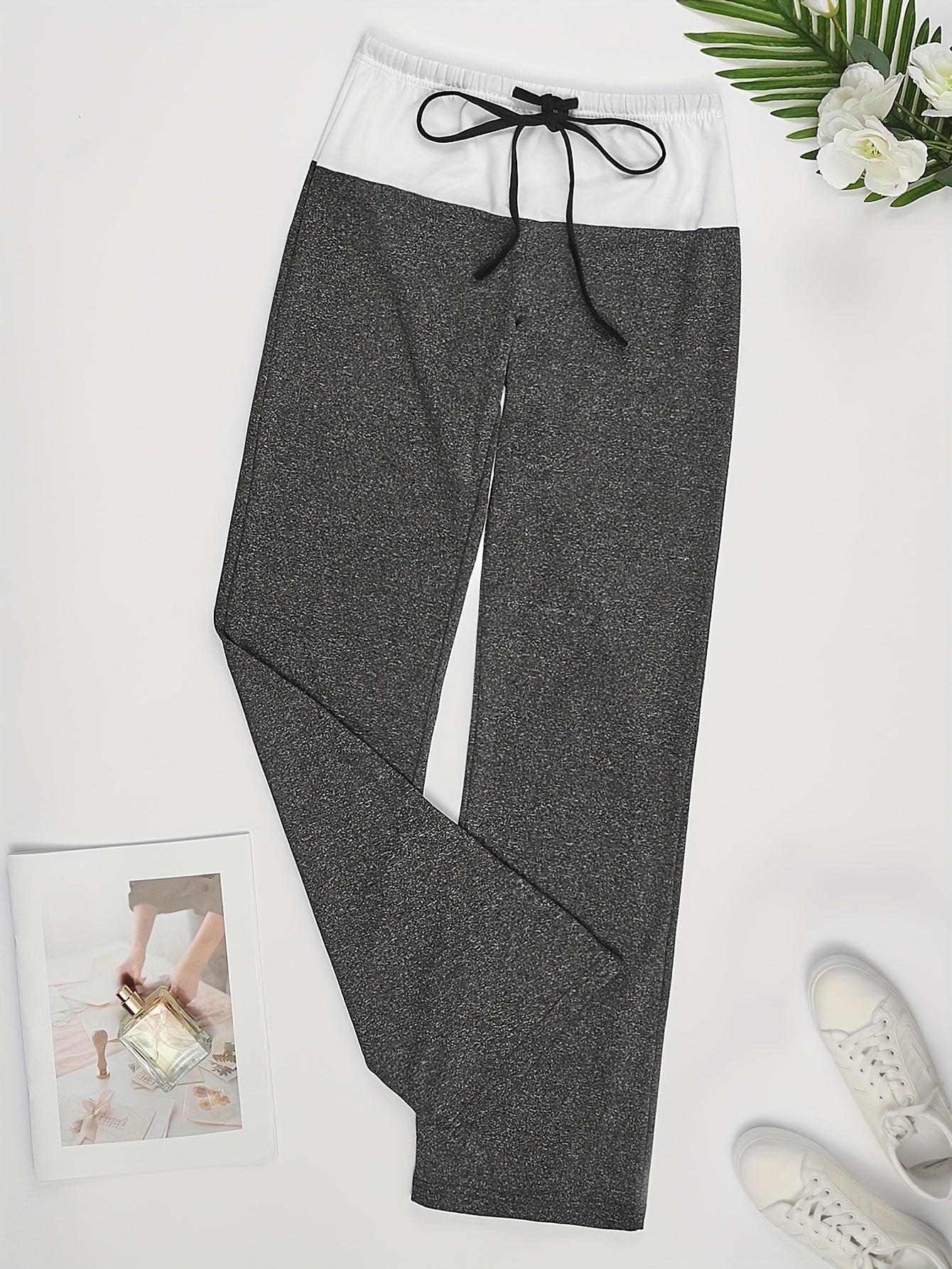 Women's Quick - Dry Pants - Wide Leg Non - Transparent & Casual Pants with Drawstring Waist, All - Season Stretchy Trousers for, Casual Attire - Burgundy/Color Block Design, Clothing, Stylish, Comfortable Fit, Women - veyora