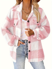 Women'S Casual Plaid Teddy Jacket, Polyester Knit Fabric, with Lapel Collar, Button Front, and Pockets, for Fall/Winter Cozy Outerwear - veyora