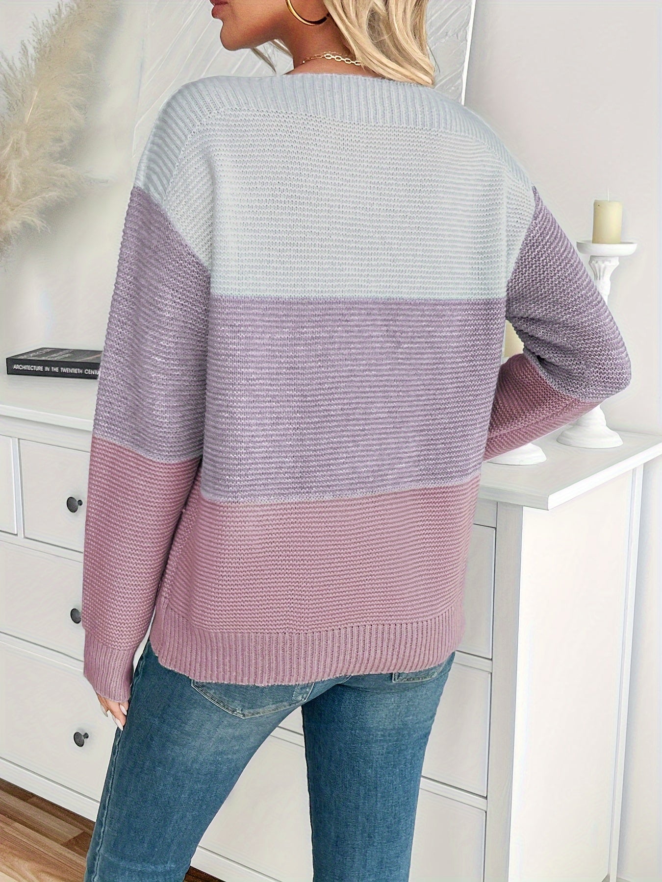 Long Sleeve Stripe Color Block Sweater, Elegant Drop Shoulder For Fall & Winter, Women's Clothing