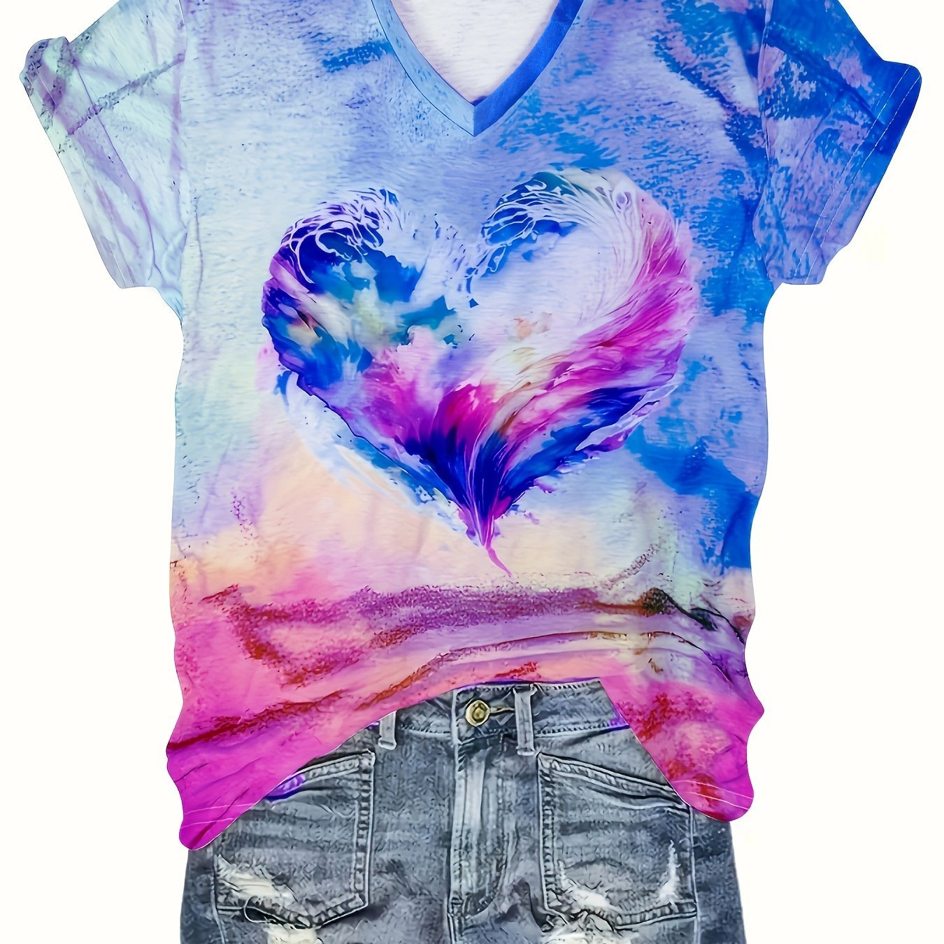 Women's Casual Short Sleeve V - Neck T-Shirt - Vibrant Heart Print Summer Top, Breathable Machine - Washable Tee with Colorful Gradient Design for Casual Attire, Ladies T Shirts, Soft Fabric Shirt - veyora