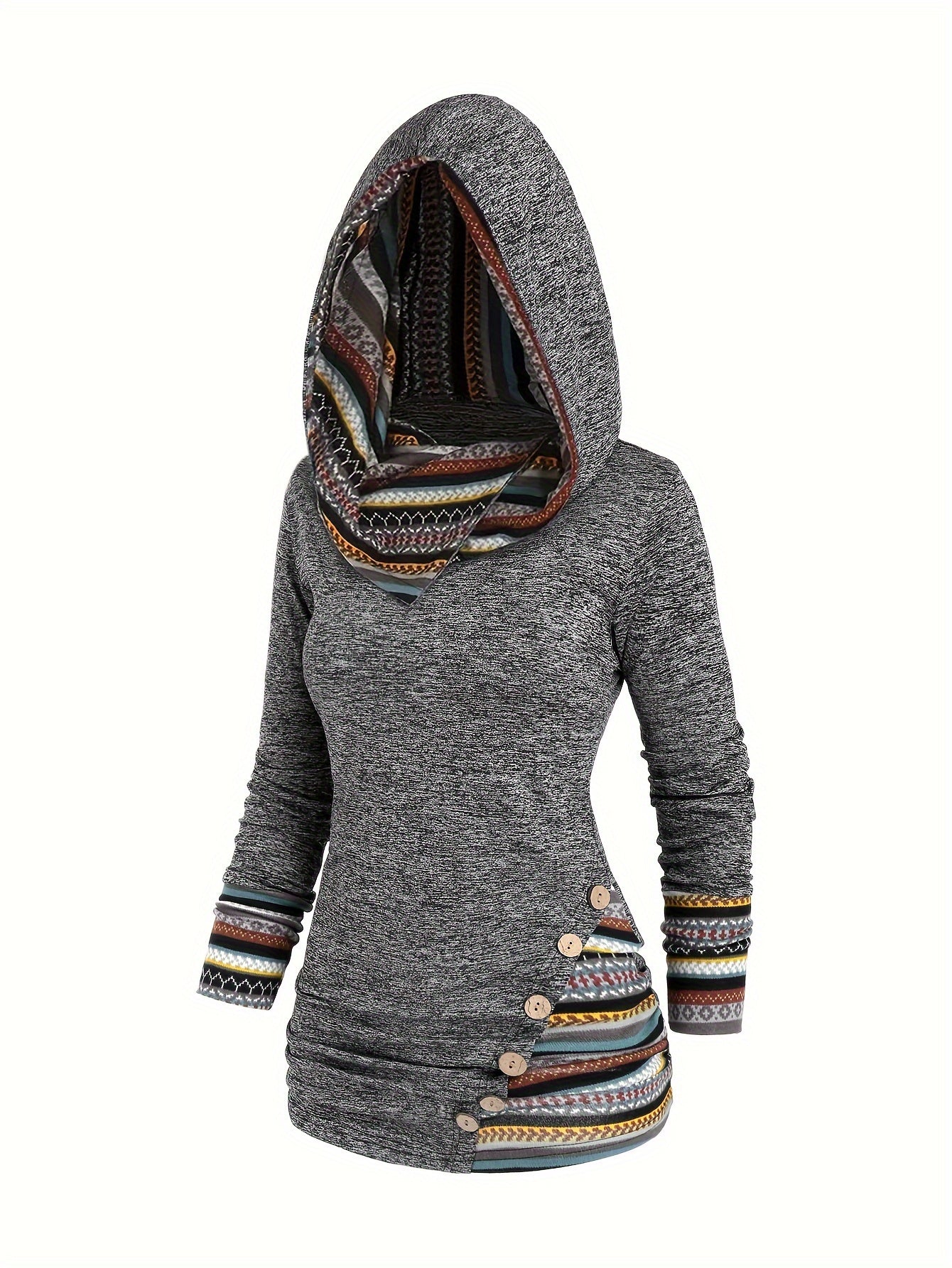 Women's Y2K Retro Geometric Striped Hooded Top - Ethnic Pattern Long Sleeve Faux Button Front, High Elasticity Machine - Washable Fall Winter Elegant Casual Chic Long Length Blouse, Elegant Long Sleeve Button Blouses, Highelasticity Knitwear - veyora