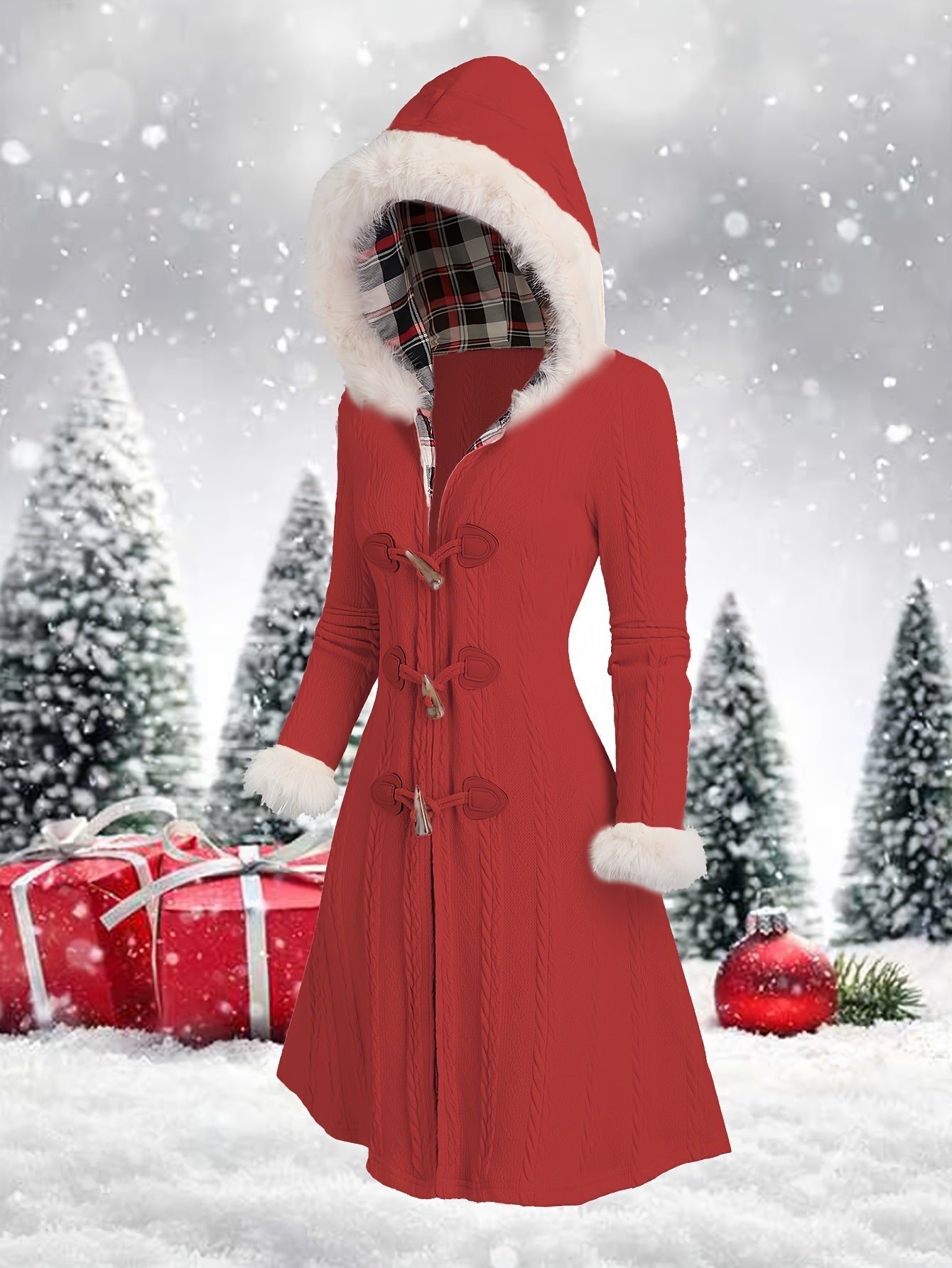 Y2K Plaid Patchwork Hooded Coat with Button Closure and Long Sleeves - veyora