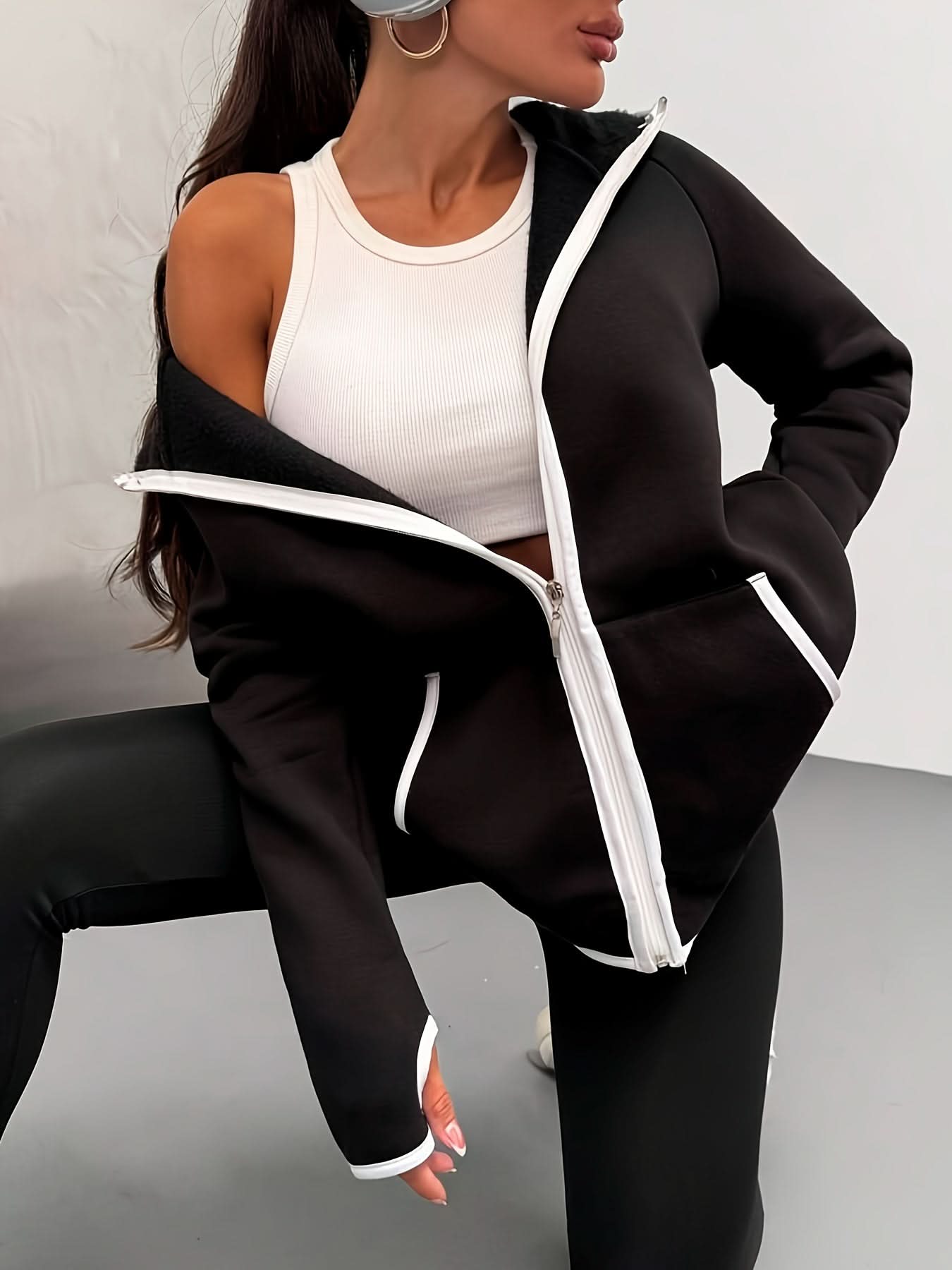 Women's Solid Color Autumn/Winter - Lined Thickened Drawstring Hoodie Sweatshirt Jacket with Pockets, Zipper, White Line Design, Thumb Holes at Cuffs, and Other Multi - Functional Casual Sport Features - veyora