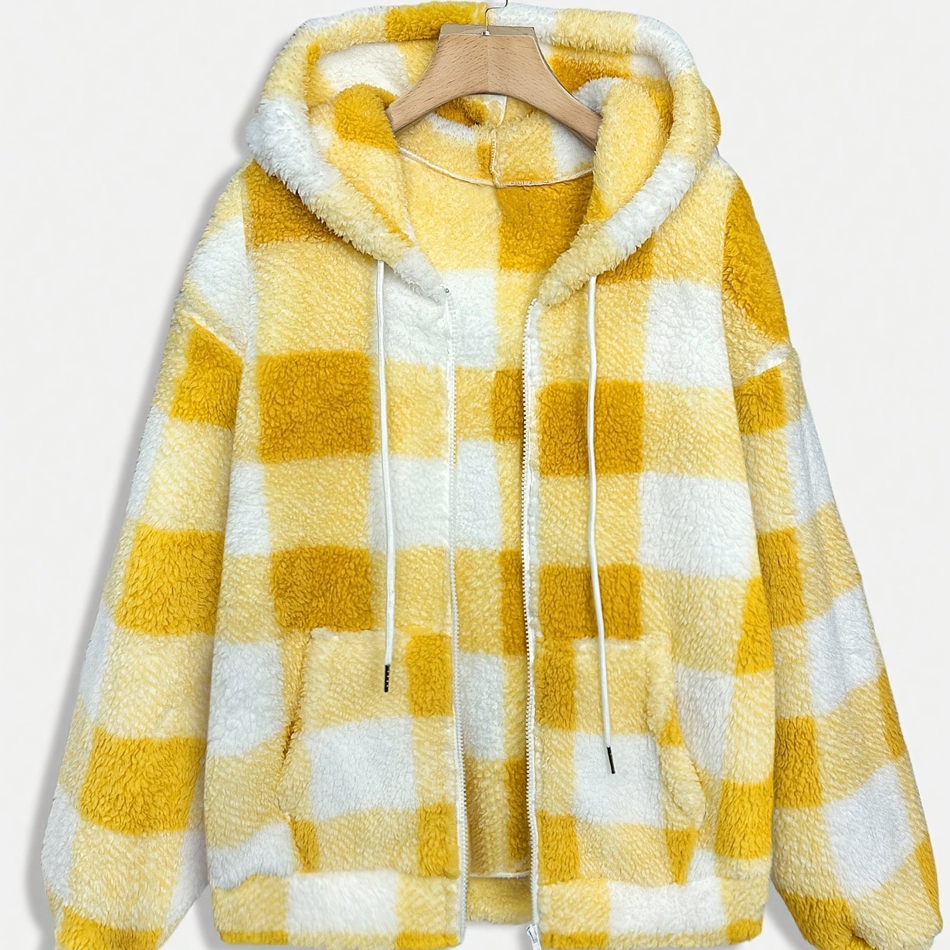 Women'S Plaid Fleece Coat - Mustard - Yellow & Checkered Winter Warmth, Soft Plush Jacket with Full - Zip Front Closure, Cozy Casual Outerwear for Fall & Winter, Winter Clothing, Fall Fashion, Stylish Outerwear, Fashion Lovers - veyora