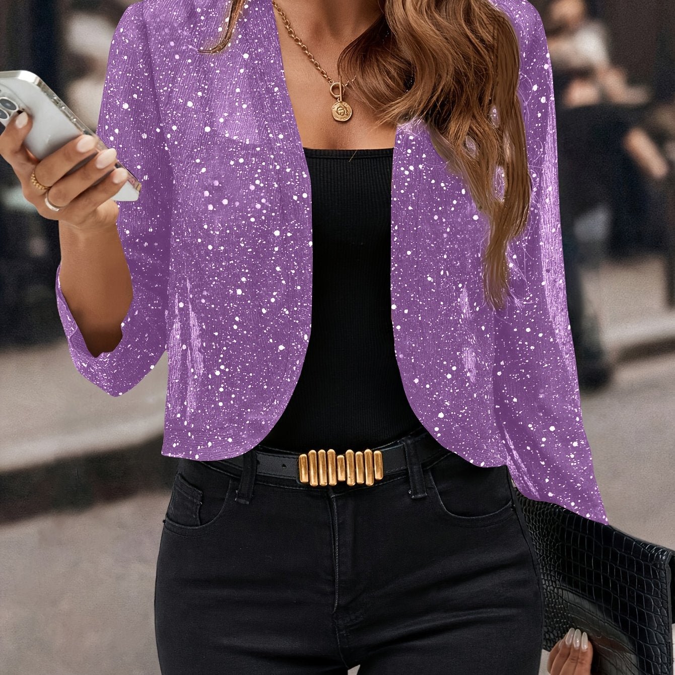 Women's Glitter Sequin Cardigan Jacket, Golden Foil Pleated Fabric 3/4 Sleeve Cropped Cardigan Jacket, Business Casual for Women - veyora