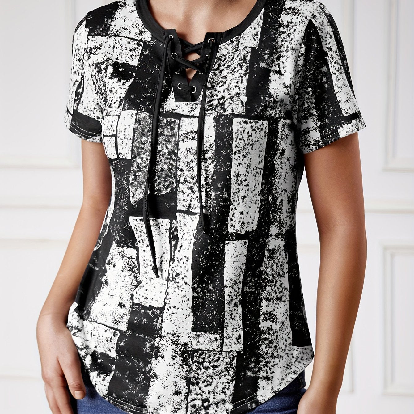 Women's Casual V - Neck T-Shirt with Adjustable Lace - Up Detail & Geometric Print - Navy Blue Summer Top, Regular Fit, Machine Washable, Ladies T Shirts, Medium Elasticity Fabric - veyora