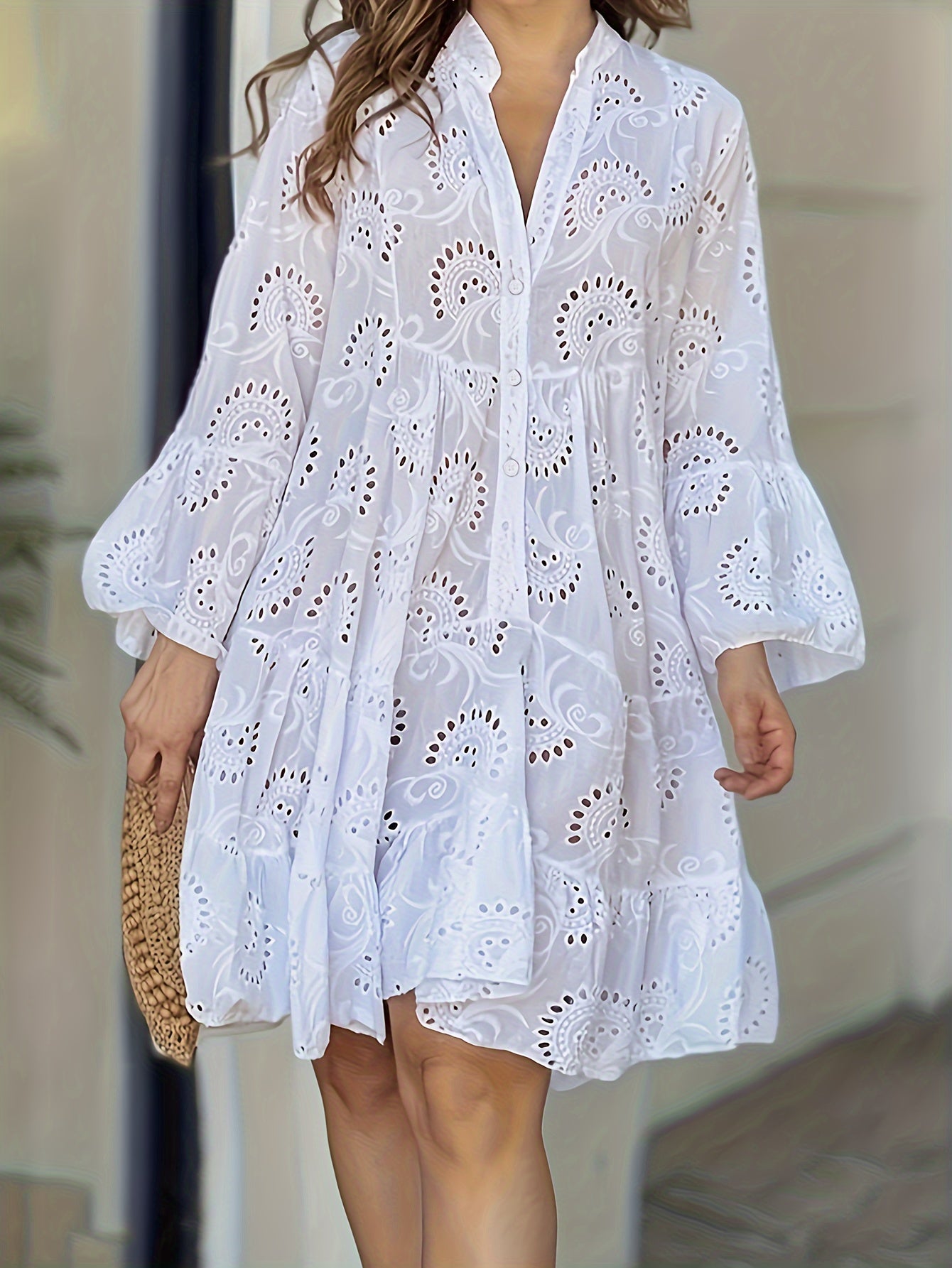 Chic Solid Color V Neck Ruffle Hem Dress - Feminine Button Front, Long Sleeve Design - Perfect for Spring & Fall Vacations - Womens Wardrobe Staple