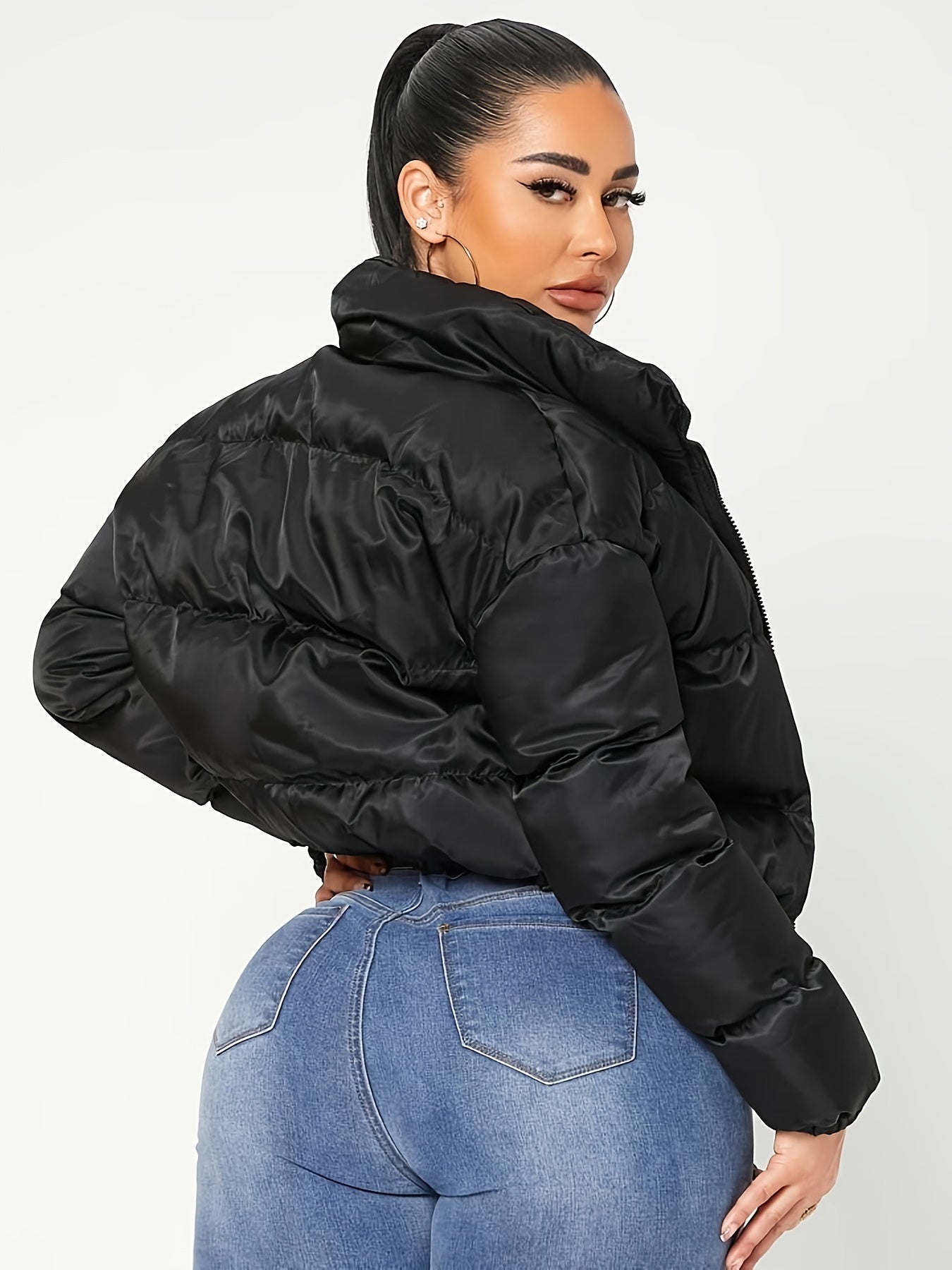 A Fitted Solid Color Zip - Up Jacket with Directional Design, Y2K Long - Sleeve Cropped Jacket for Women - veyora