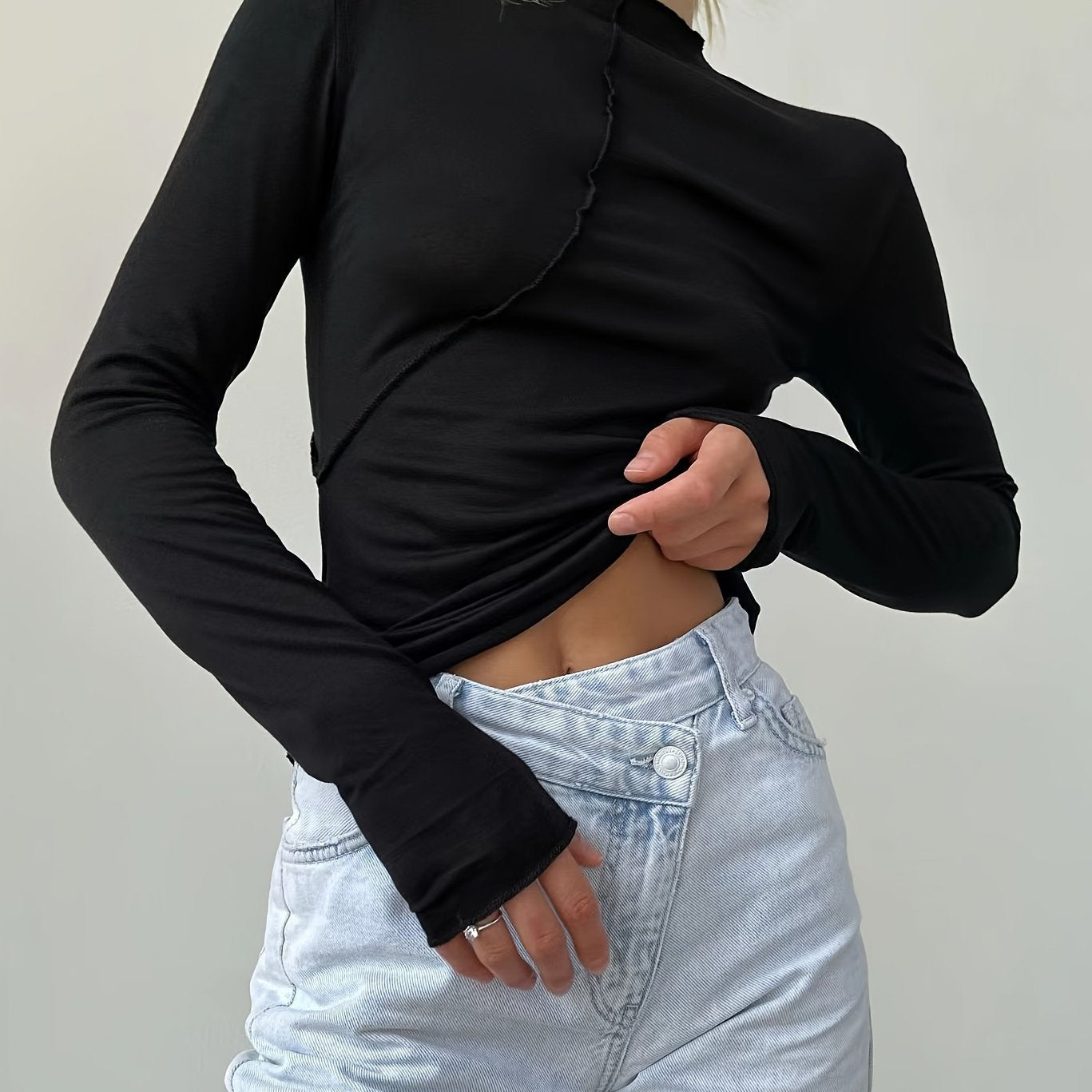 Y2K Spring And Summer Women'S Clothing, Designed with a Unique Split Line, Long - Sleeve, Half - High Collar Base Layer Top for Women - veyora