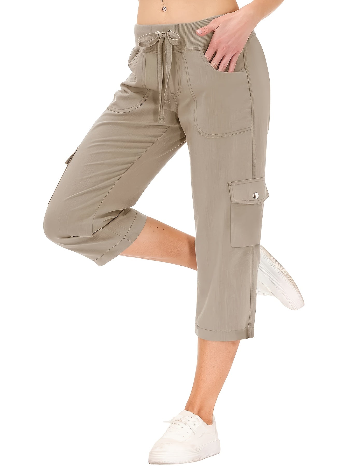 2024 Summer Women's European and American Street Style Workwear Capri Pants with Pockets and Elastic Drawstring Waist, Fashionable and Trendy Casual Pants - veyora