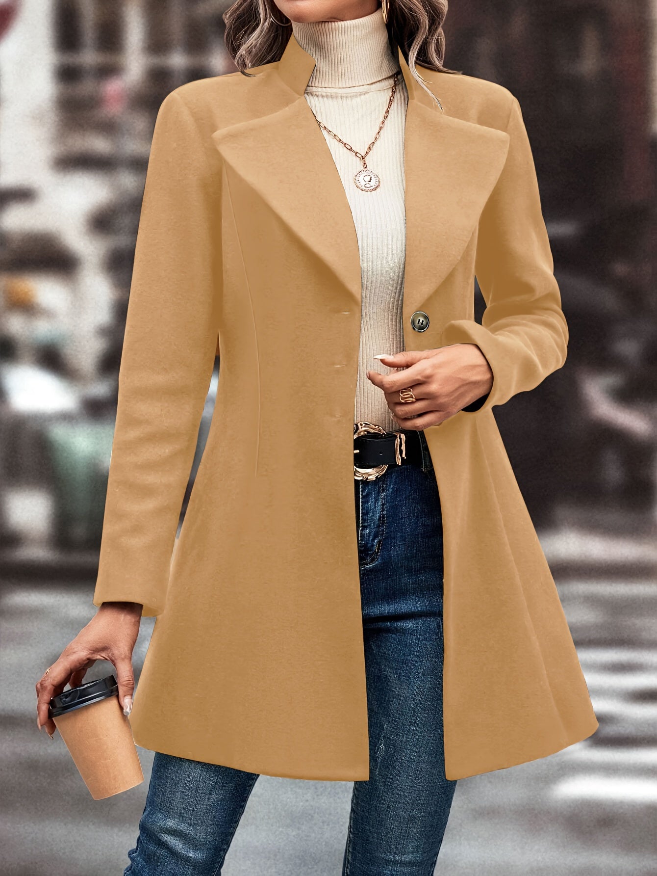 Solid Single Button Lapel Overcoat, Versatile Long Sleeve Winter Outwear, Women's Clothing
