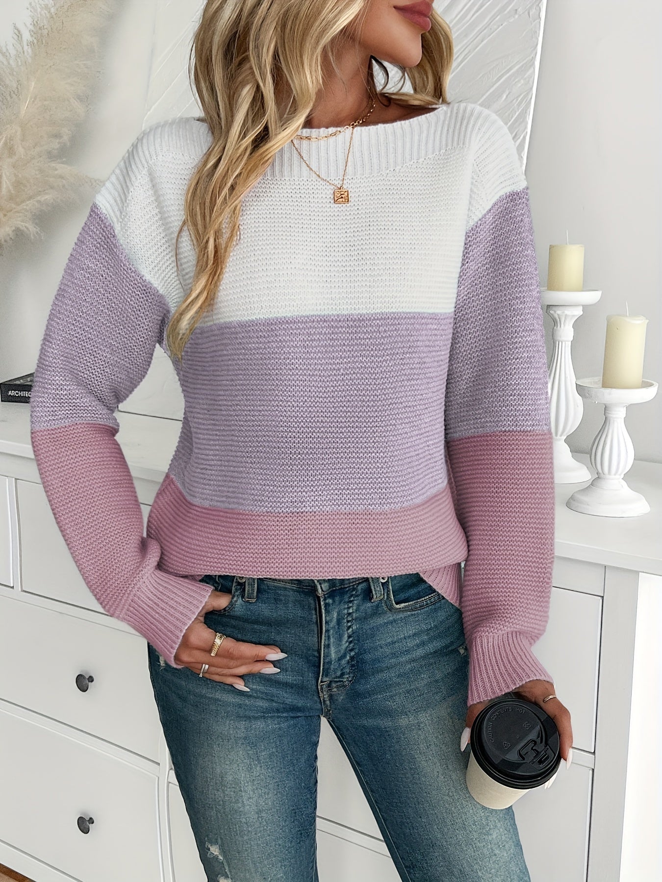 Long Sleeve Stripe Color Block Sweater, Elegant Drop Shoulder For Fall & Winter, Women's Clothing