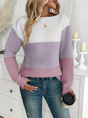 Long Sleeve Stripe Color Block Sweater, Elegant Drop Shoulder For Fall & Winter, Women's Clothing