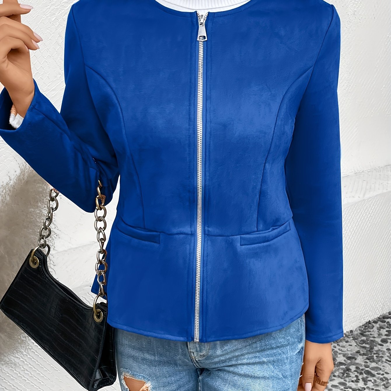 Ladies Fashion Round Neck Slim Top Long Sleeve Access Control Zipper Cardigan Cropped Jacket - veyora