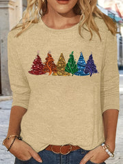 Christmas Spring/Autumn New Arrival Positioning Print Crew Neck Long Sleeve Loose Fit Base Layer T-Shirt, Machine Washable - Suitable for Spring/Autumn Daily Wear and Home Use - veyora