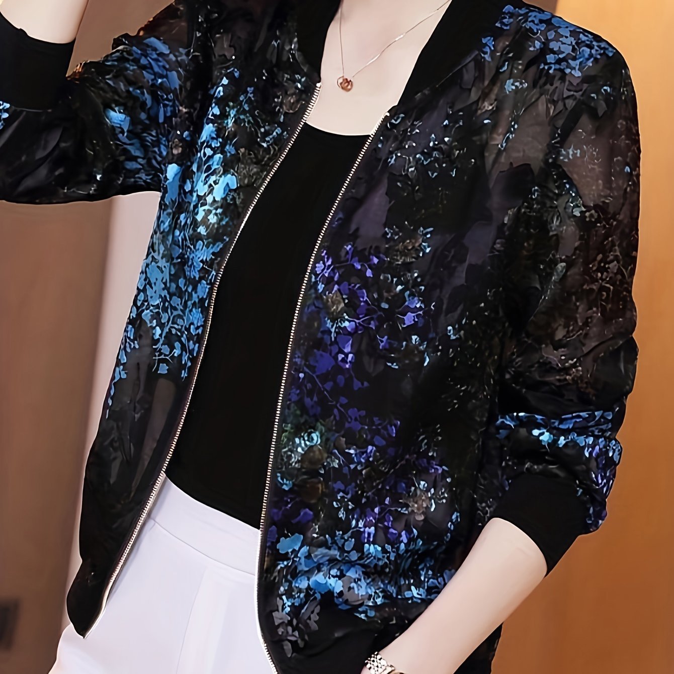 Women's lightweight sunscreen jacket - translucent long - sleeved baseball jacket with front zipper design, loose H - shaped cut suitable for beach, office, and daily wear, floral geometric pattern, breathable fabric, summer fashion item - veyora