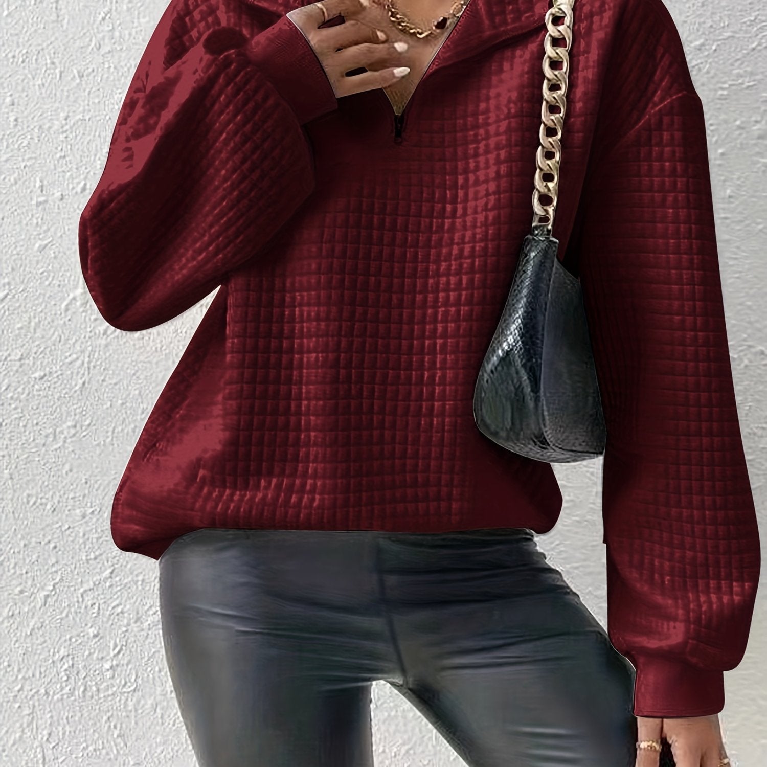 Waffle Grid Quarter Zip Pullover Sweatshirt, Casual Long Sleeve Lapel Sweatshirt For Fall & Winter, Women's Clothing - veyora