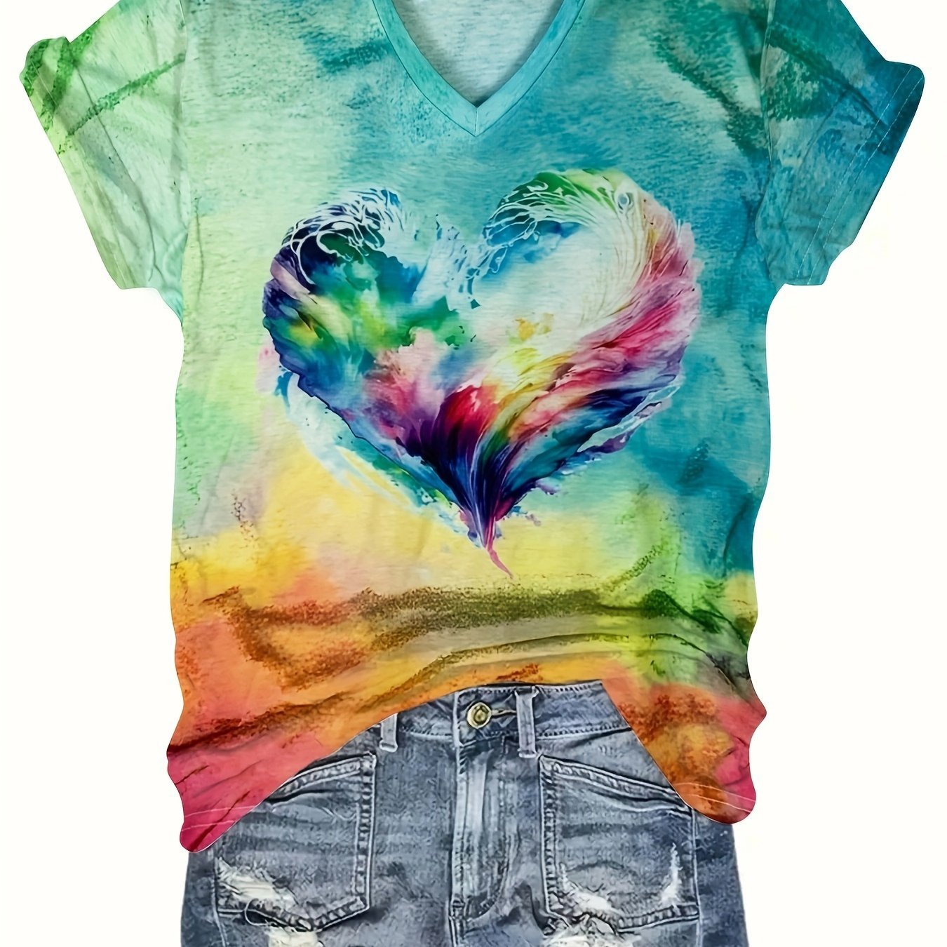 Women's Casual Short Sleeve V - Neck T-Shirt - Vibrant Heart Print Summer Top, Breathable Machine - Washable Tee with Colorful Gradient Design for Casual Attire, Ladies T Shirts, Soft Fabric Shirt - veyora