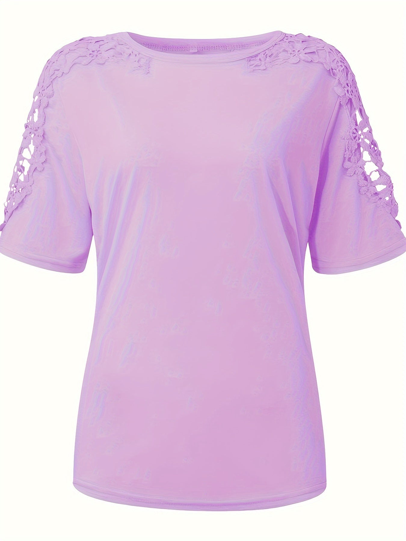 Solid Color Contrasting Lace T-Shirt, Casual Round Neck Short Sleeve Summer Top for Women - veyora