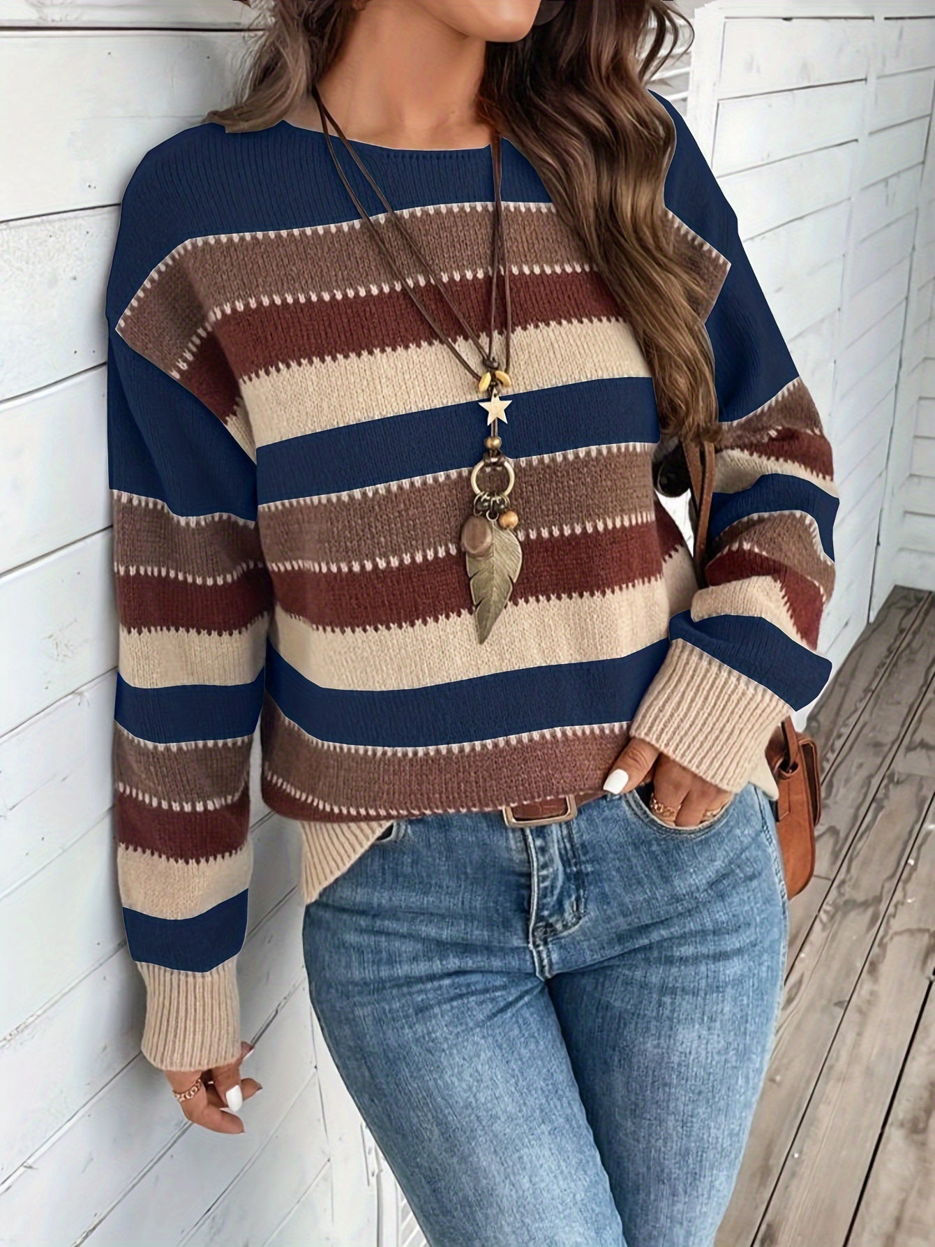 Vibrant Color Block Crew Neck Sweater - Soft, Cozy, Vintage-Inspired Long Sleeve Sweater for Fall and Winter - Womens Fashionable Clothing for Casual Daily Wear