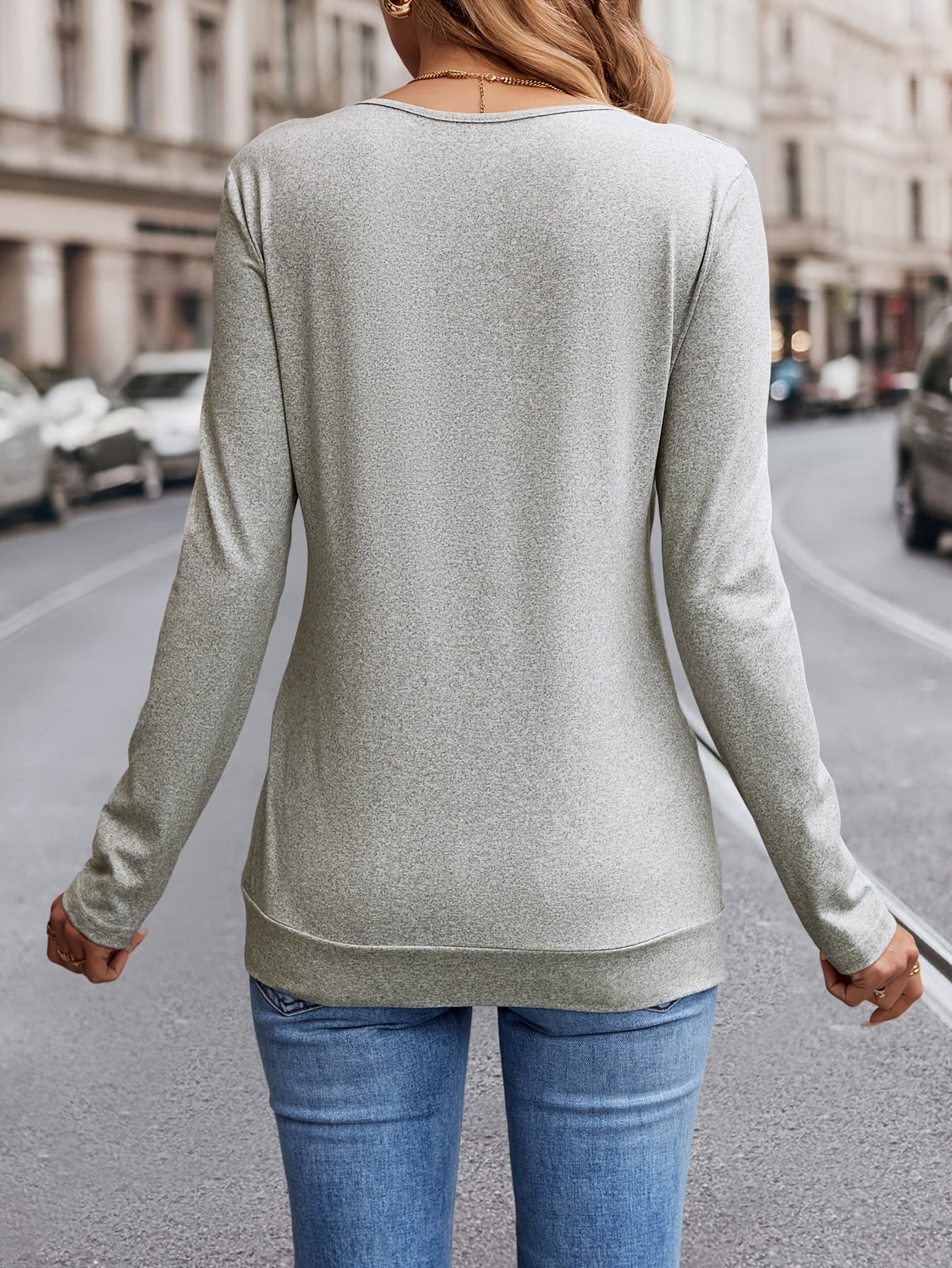 Button Decor V Neck T-Shirt, Casual Long Sleeve Tuck Top For Spring & Fall, Women's Clothing - veyora