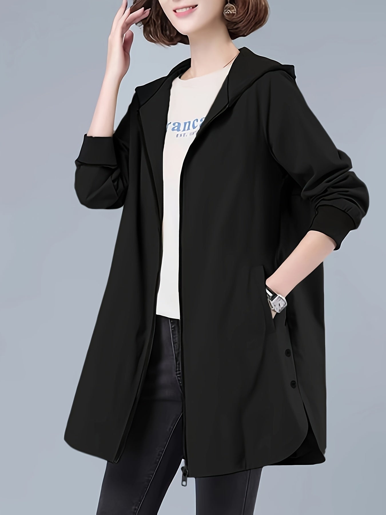 Women's Casual Hooded Jacket with Letter Print - Zip - Up, Long Sleeve, Polyester - Machine Washable - Perfect for Spring/Fall - veyora