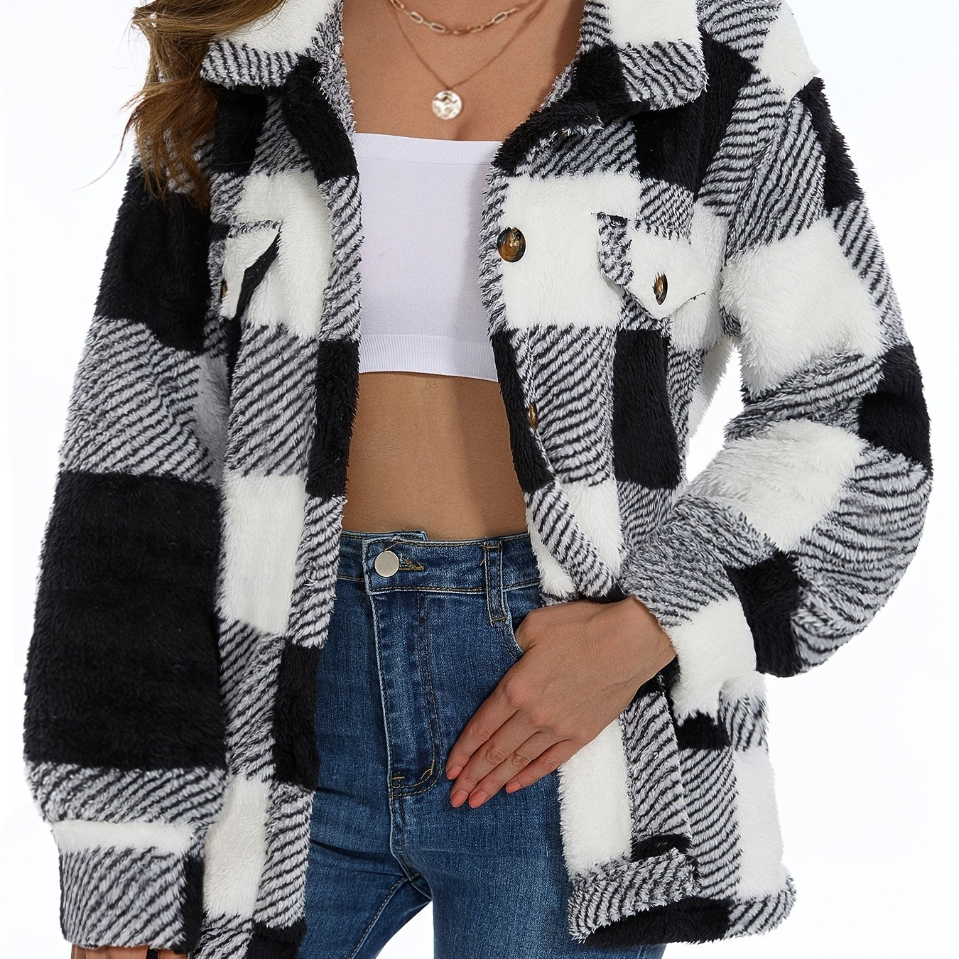 Button - Up Teddy Coat with a Plaid Design, Adaptable Long - Sleeve Winter Thermal Outerwear, Women'S Apparel - veyora