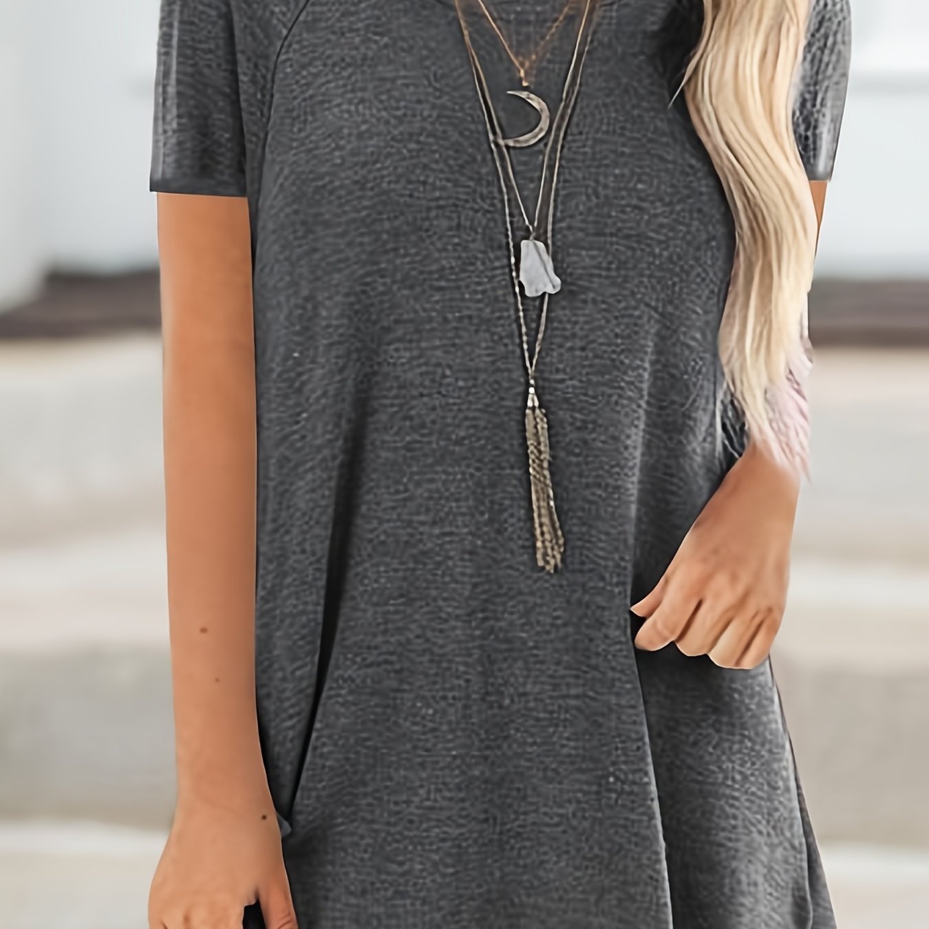 Women's Round Neck V - Neckline Longline Solid Color Short Sleeve T-Shirt - veyora
