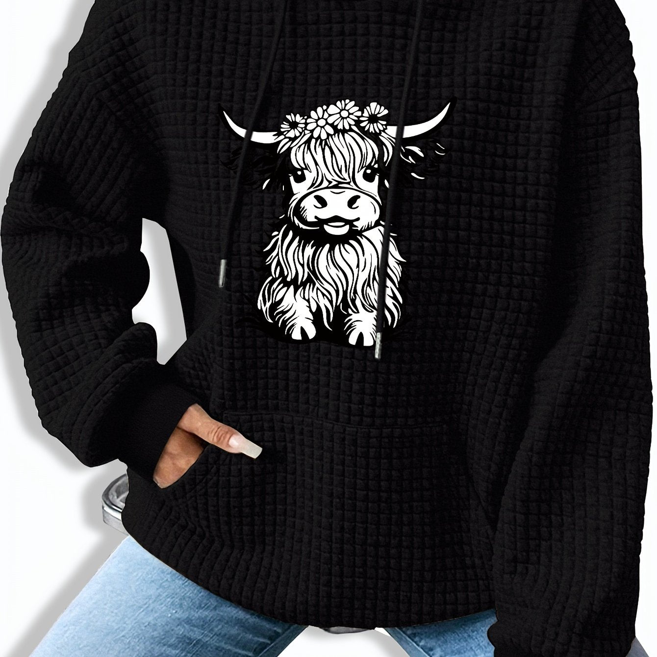 Graphic Print Waffle Hoodie, Drawstring Kangaroo Pocket Casual Hooded Sweatshirt For Winter & Fall, Women'S Clothing - veyora