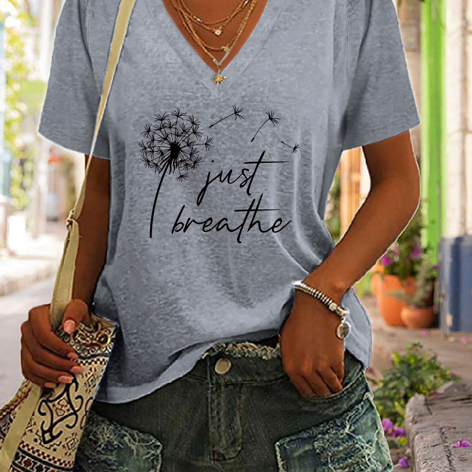 Dandelion Print T-Shirt, V Neck Short Sleeve Summer Casual Top, Women's Clothing - veyora